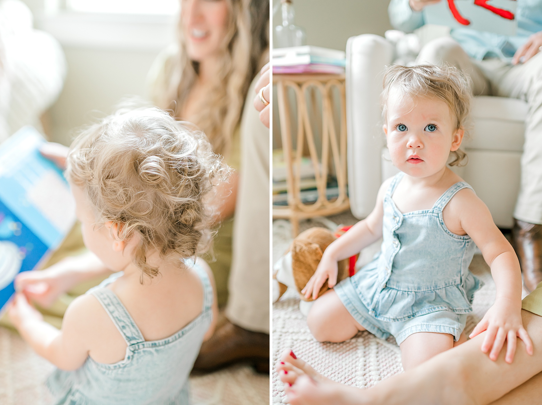 little girl on floor of nursery with parents