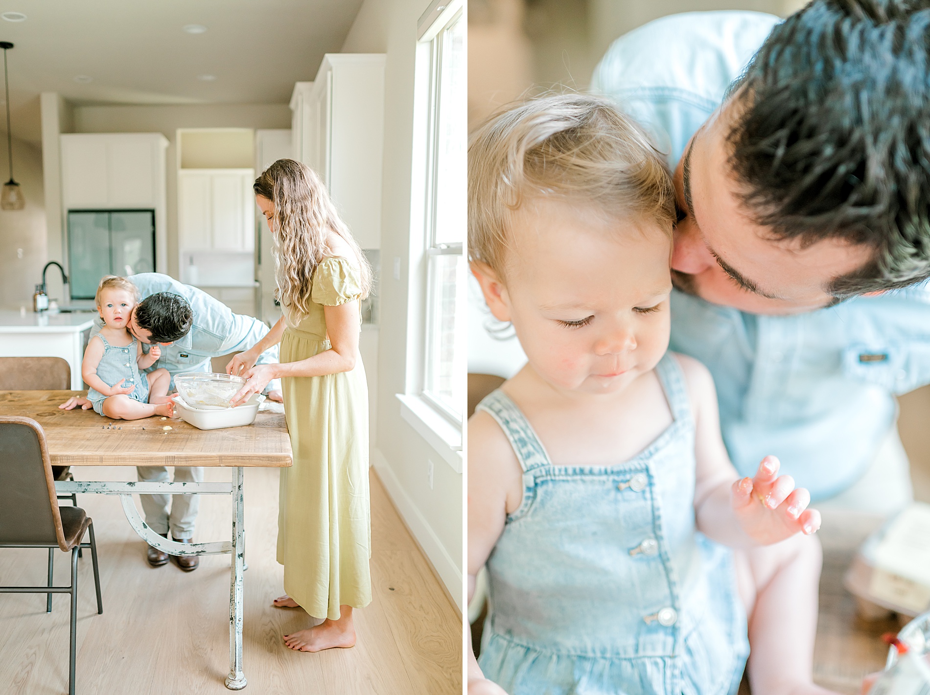 parents bake with their little girl during in-home session