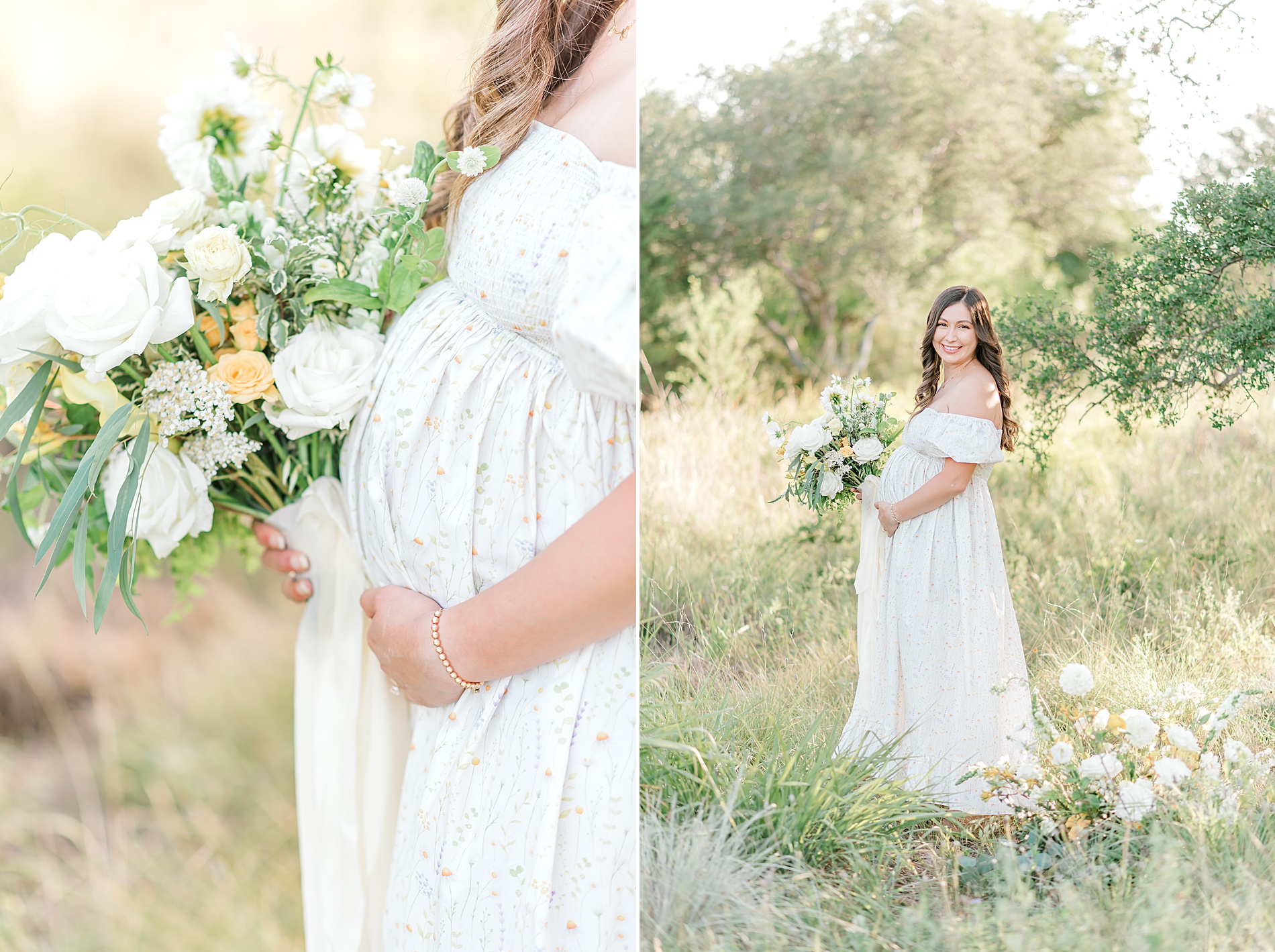 woman holds fresh flowers during maternity session