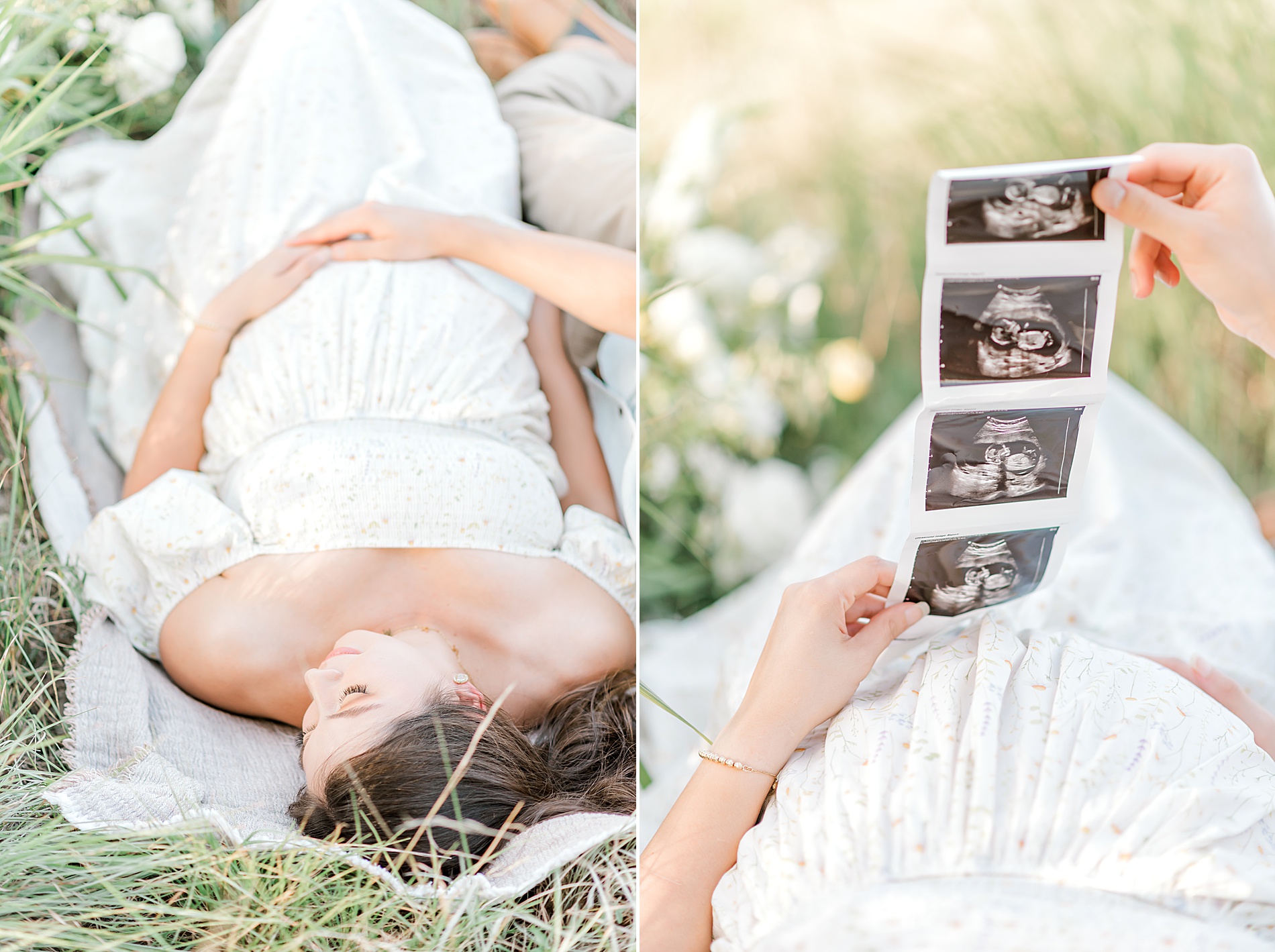 pregnant woman lays on blanket and holds ultrasound image