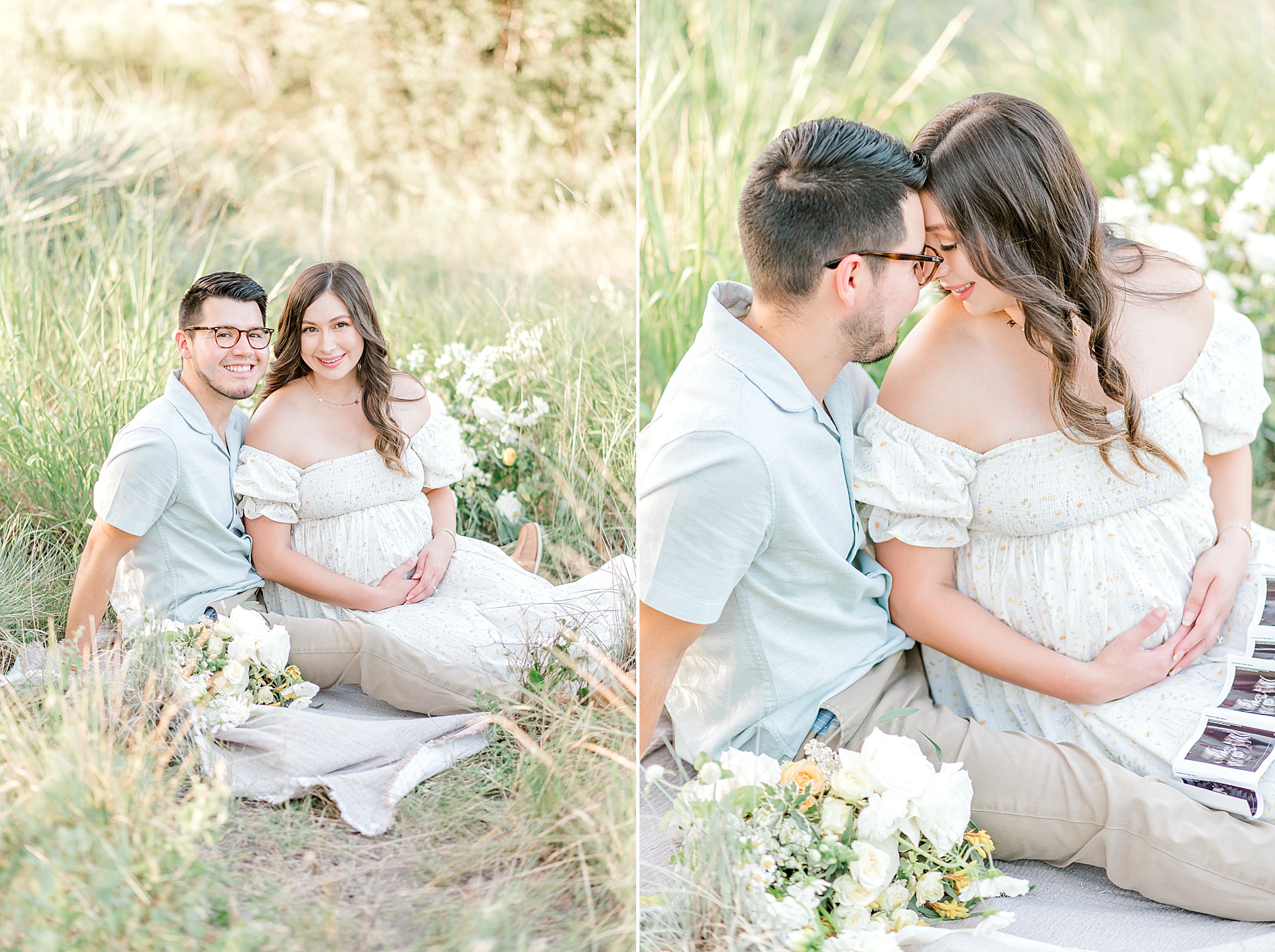 couple lean in together during San Antonio maternity session