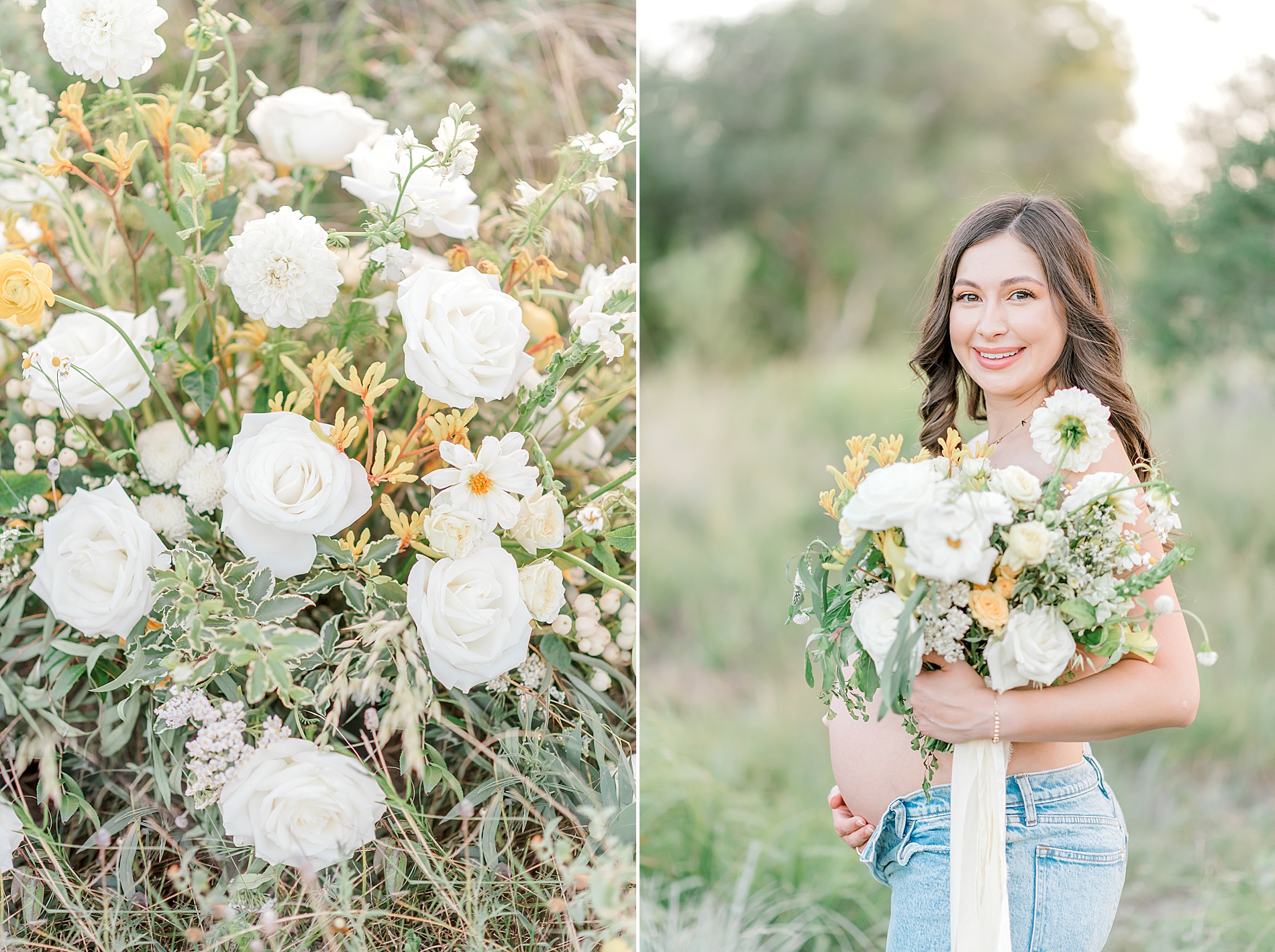 pregnant woman holds fresh flowers during maternity session in Texas