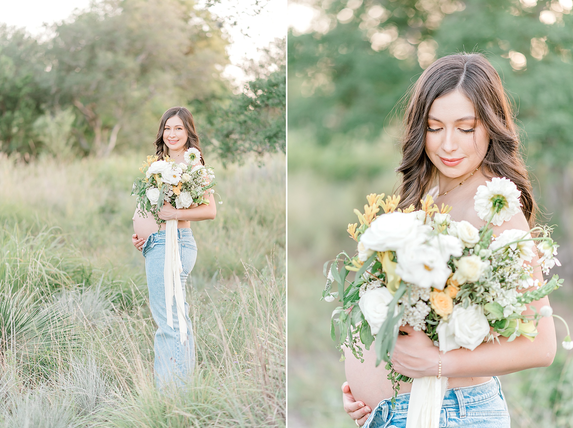 woman shows off pregnant belly and holds fresh flowers