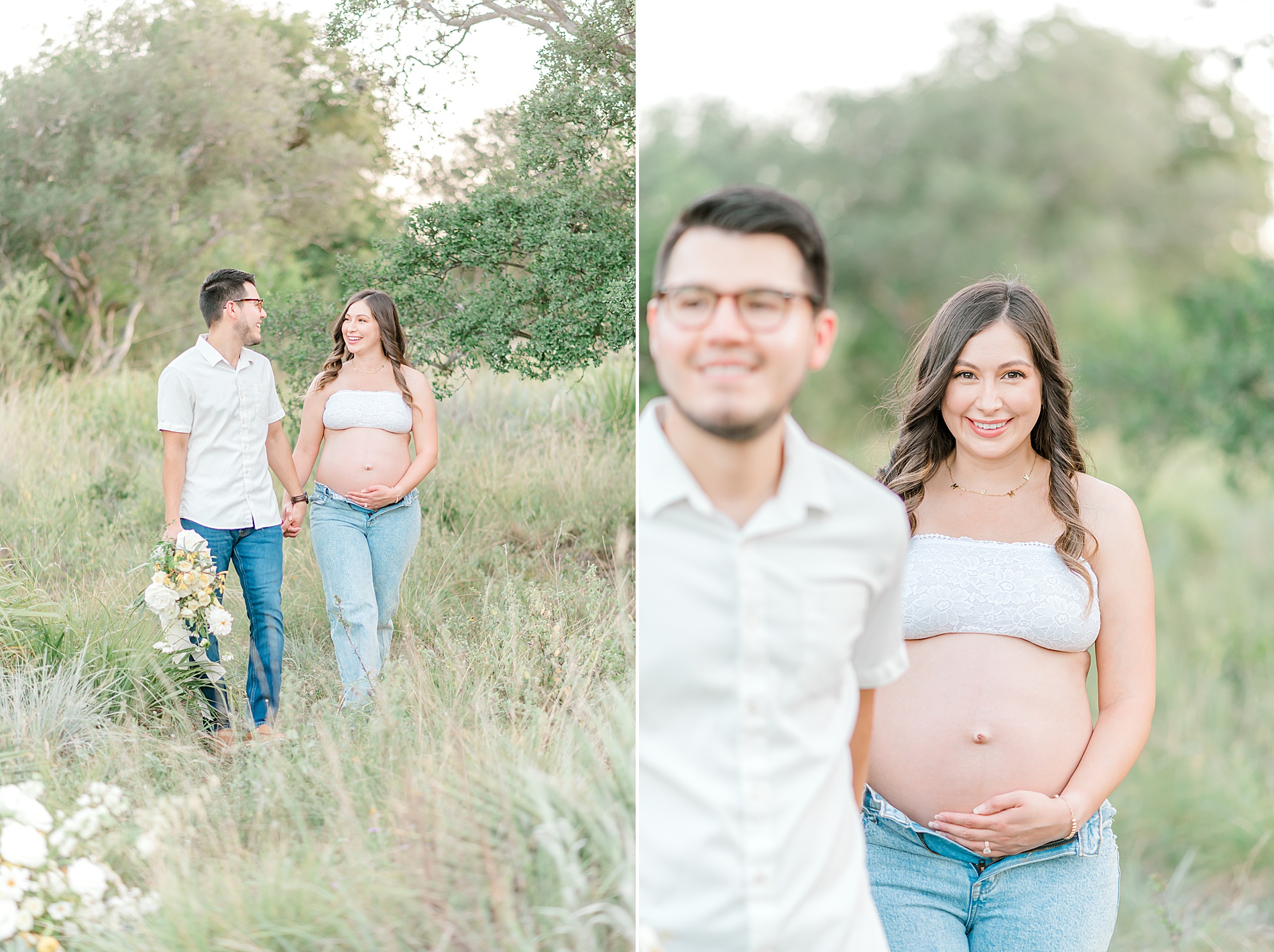 couple walk together in tall grass in San Antonio, TX