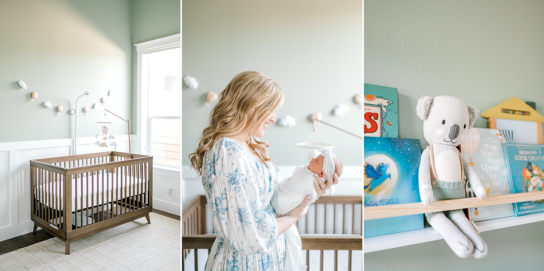 mom holds newborn in nursery 