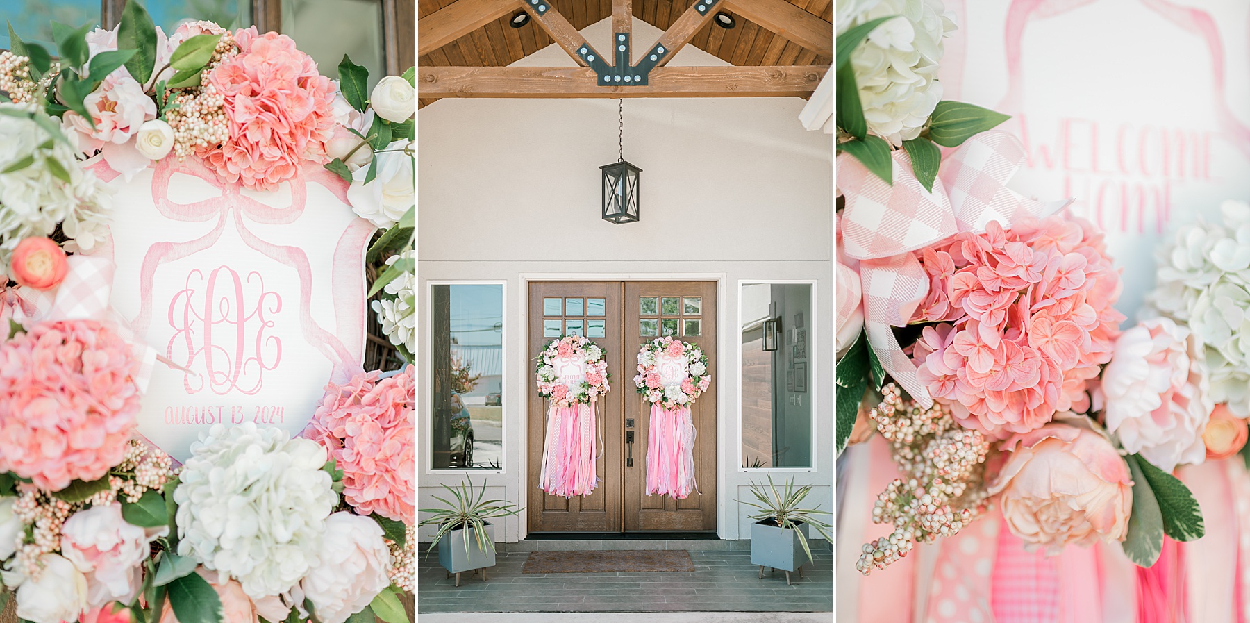 light pink flowers and sign decorate front door of home in San Antonio Texas