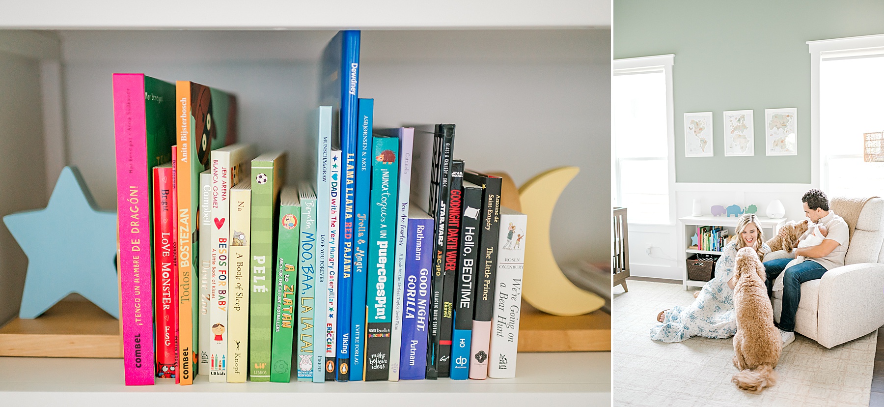 books on shelf in nursery from Natural Light In-Home Lifestyle Newborn Session