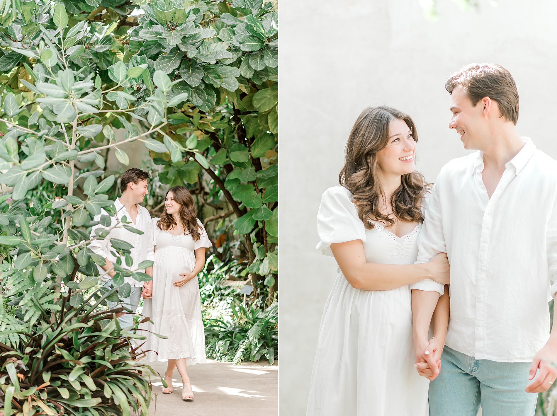 couple walks through greenery at Botanical Gardens in San Antonio TX