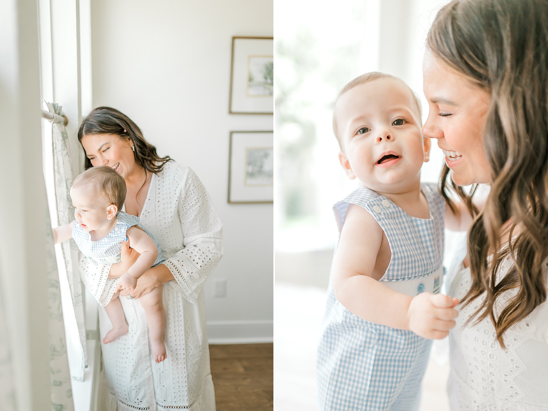 mom holds one-year old during in-home milestone session