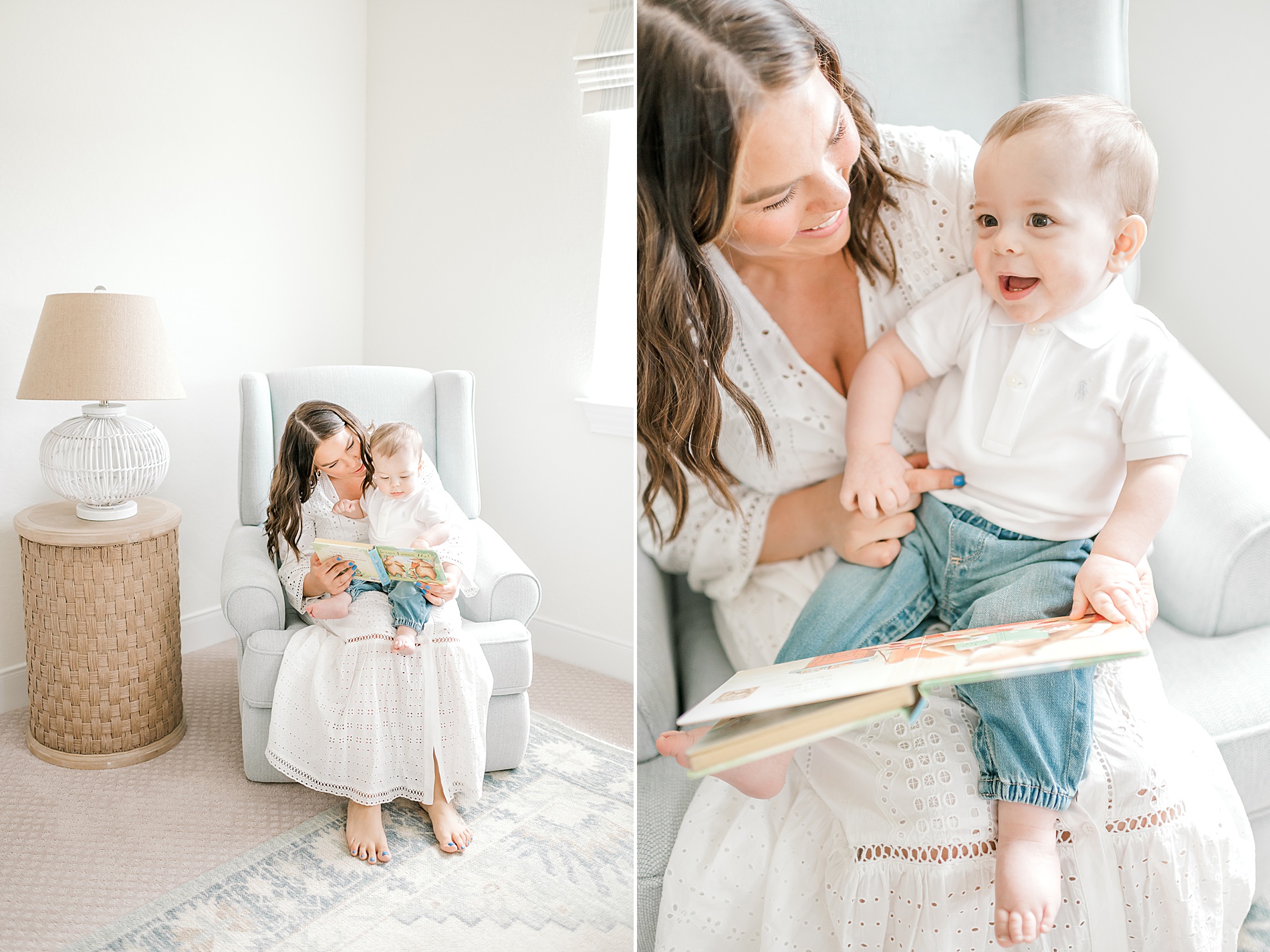 mom reads to her one-year old boy during Light and Airy in-home Milestone Session