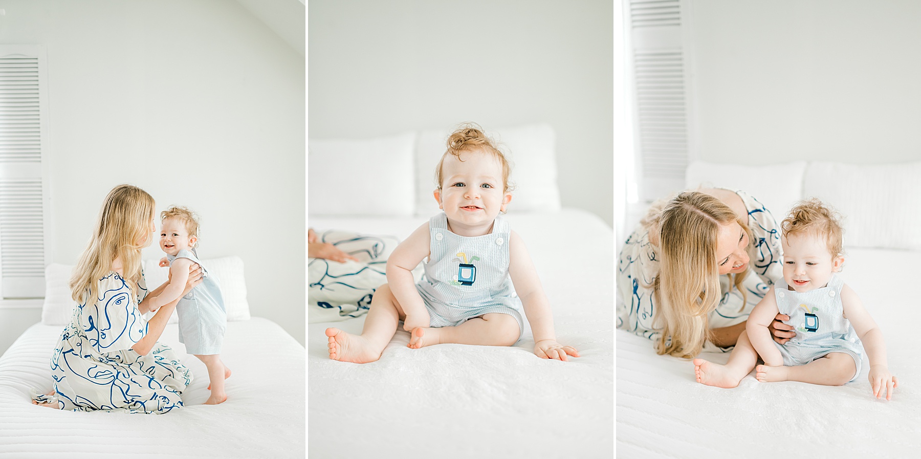 mommy and me photos on white bed in studio