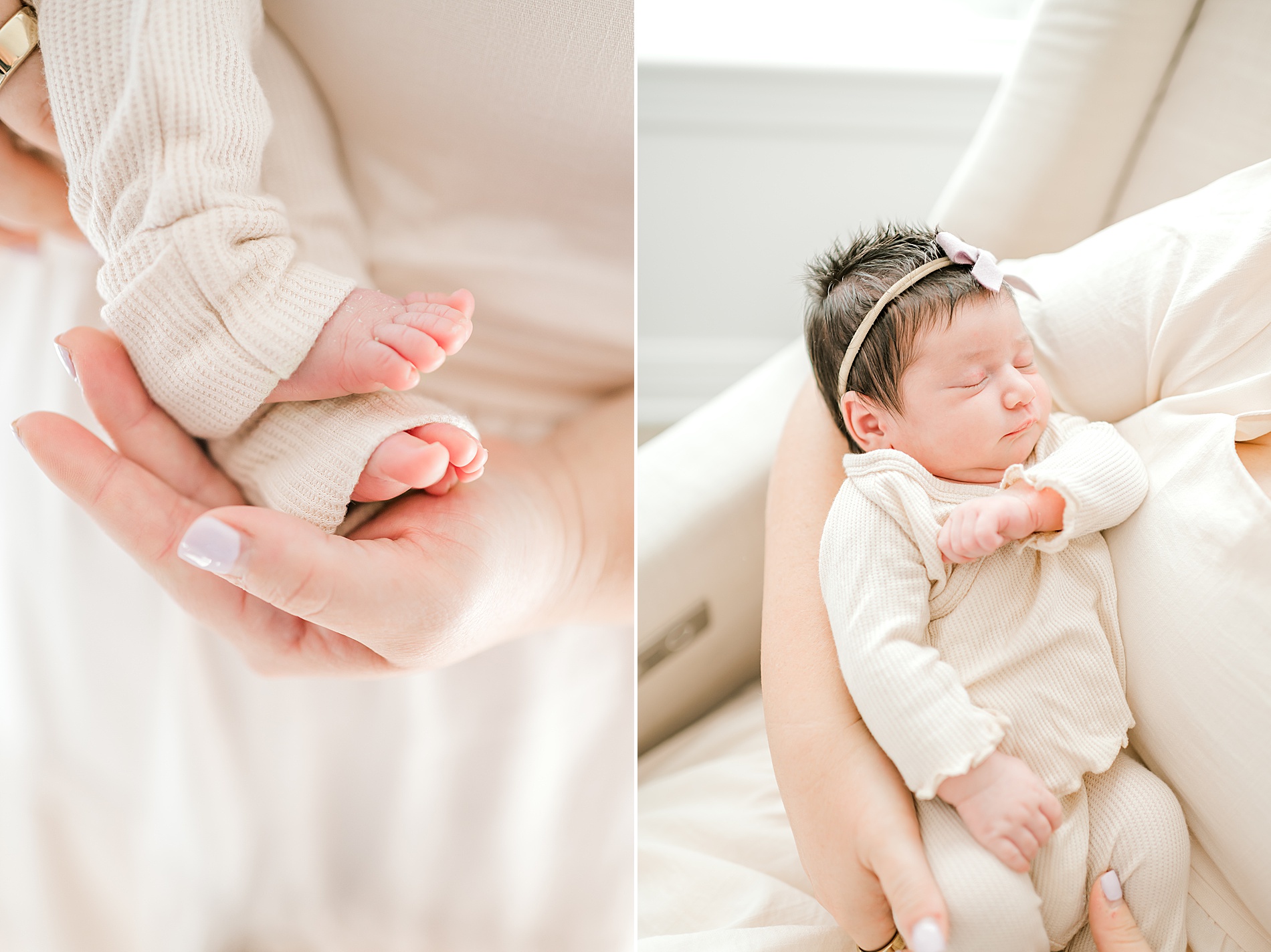 newborn girl sleeps in mom's arms