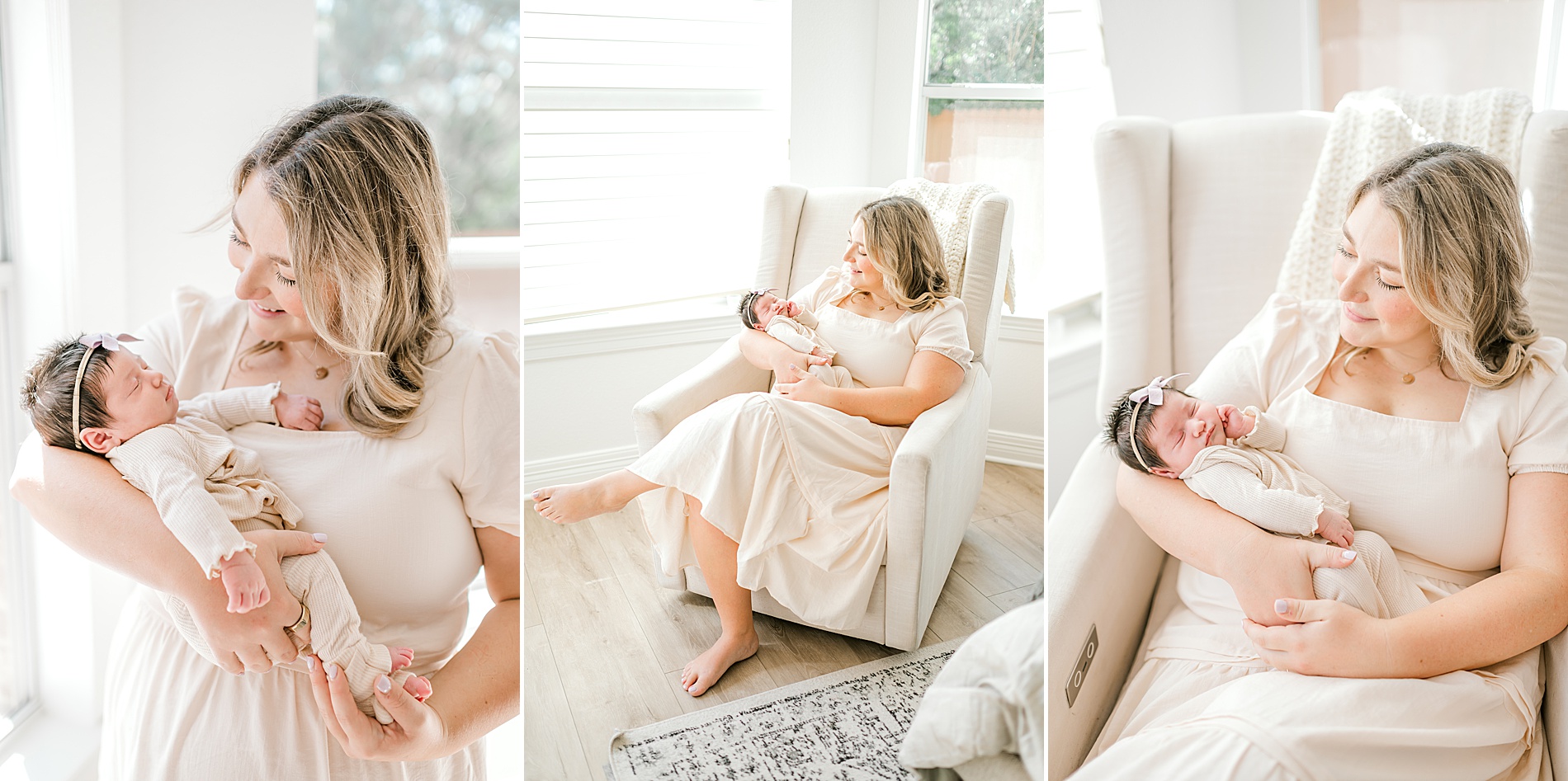 mom holds newborn girl in chair by window