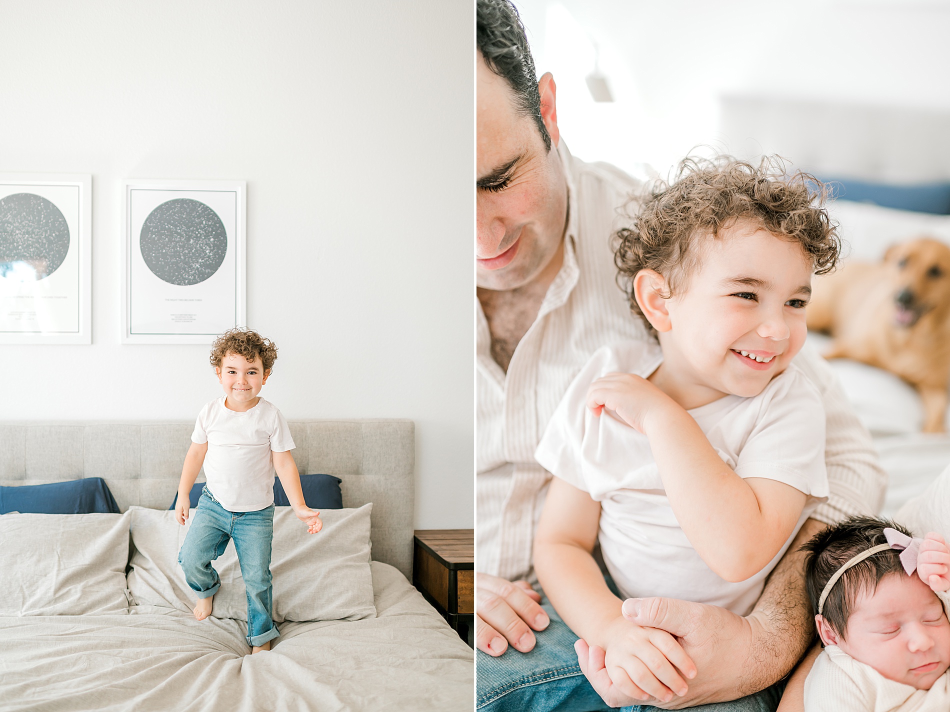 older brother jumps on bed