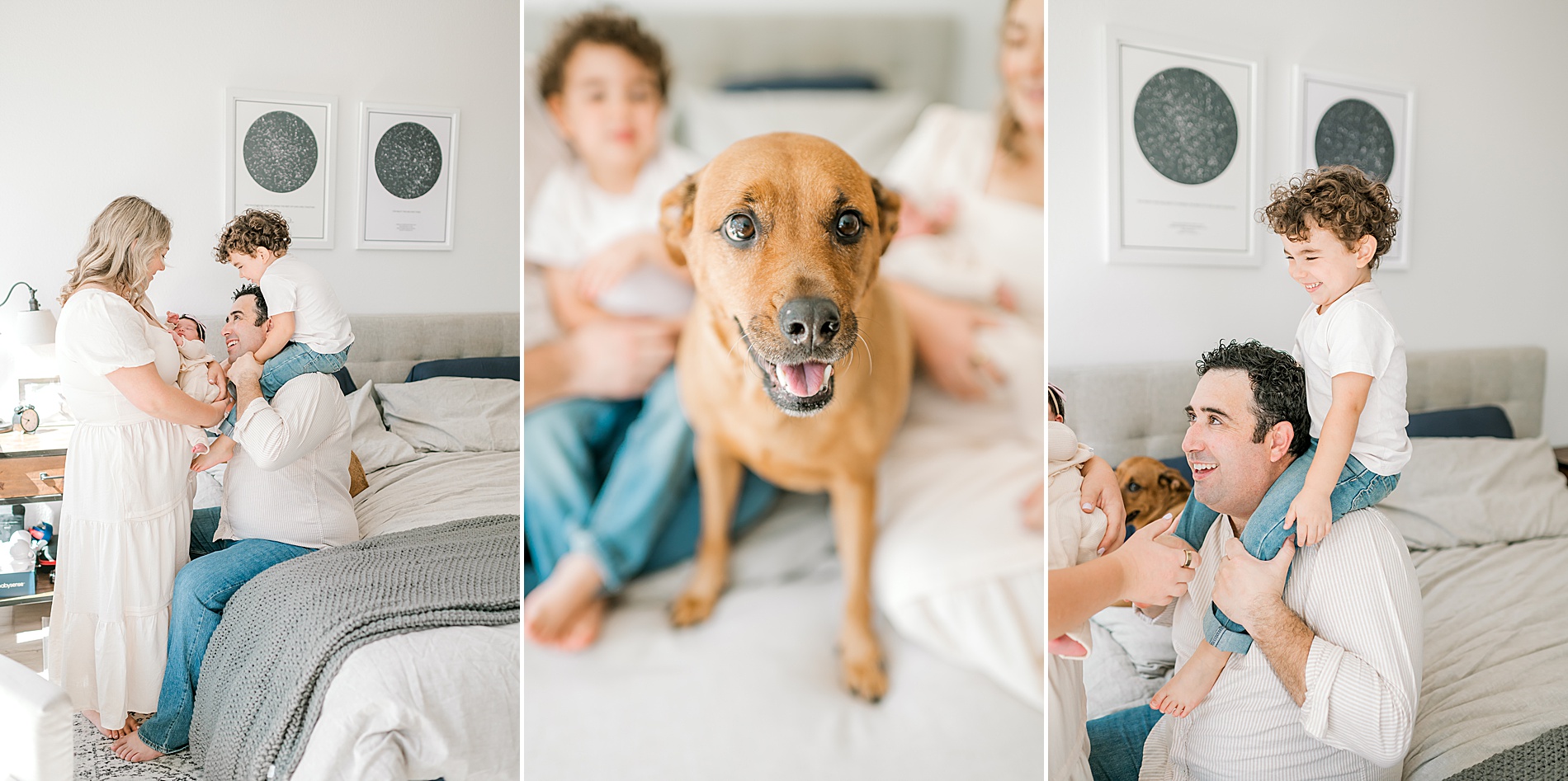 family of four and family dog during San Antonio In-Home Newborn Session 