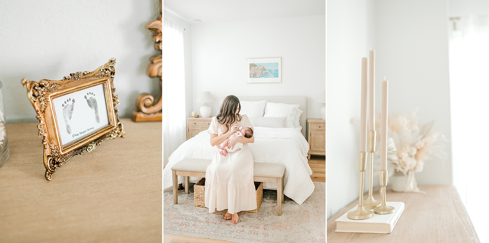 mom holds newborn girl on bed | Choosing the Best Rooms for Natural Light 