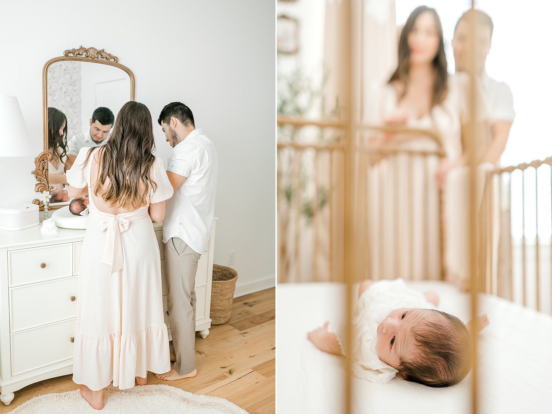 parents look over newborn laying in crib 