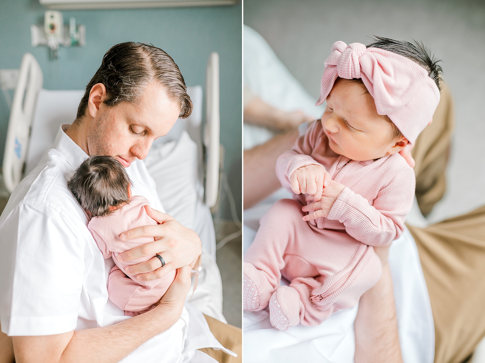 dad holds newborn girl in pink onsie