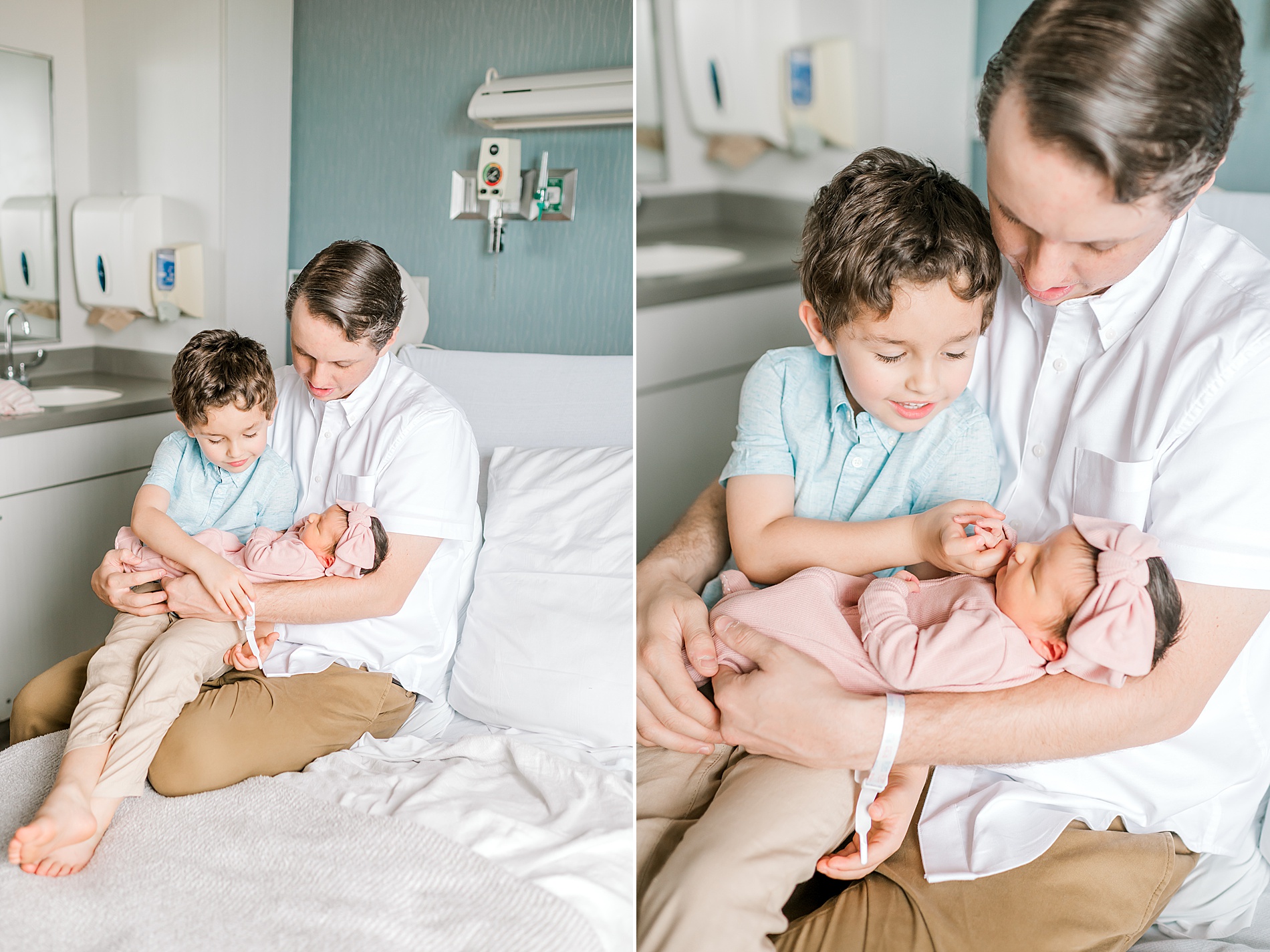 baby girl sleeps in dad's arms with big brother