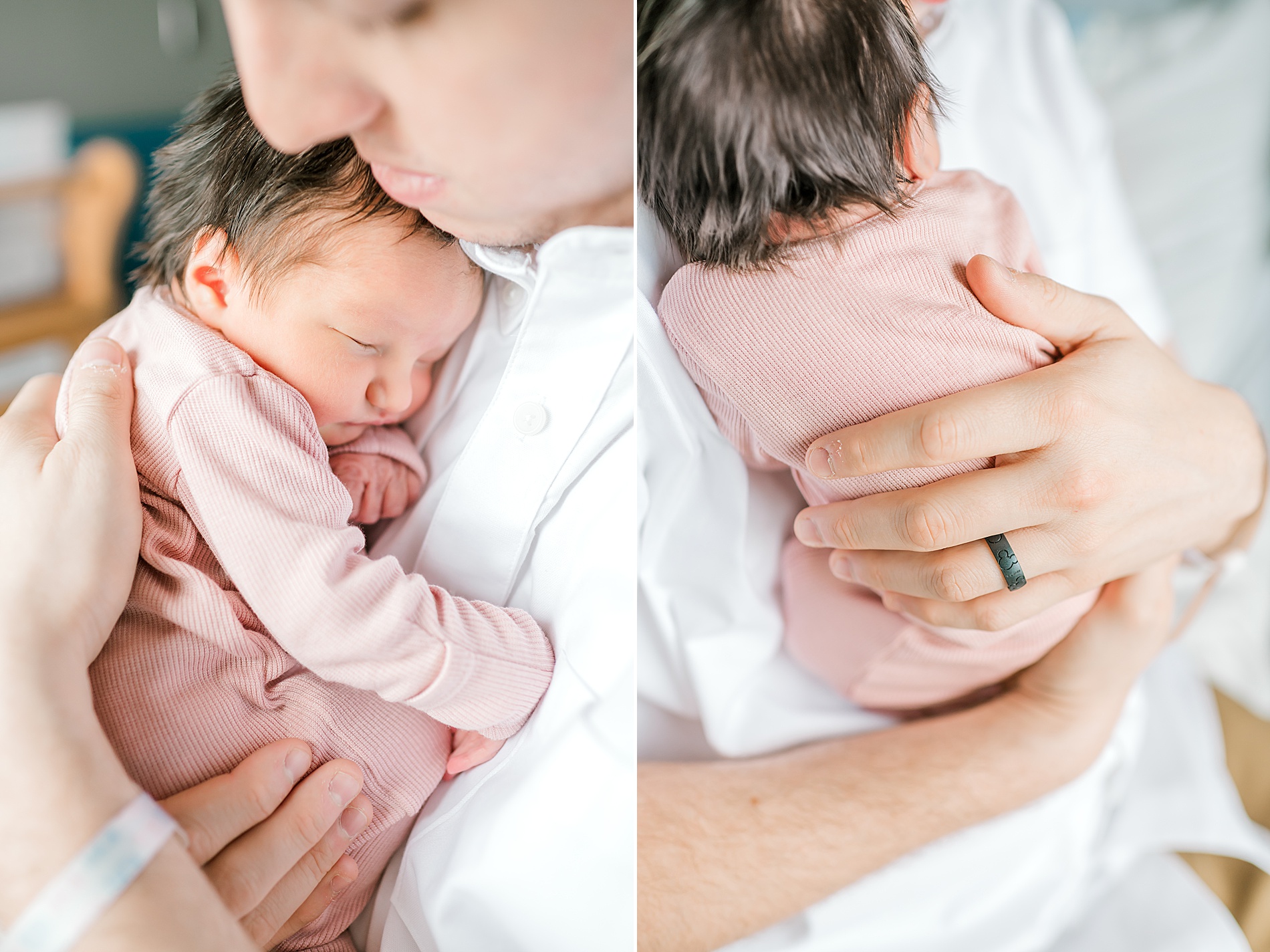 dad holds newborn girl against chest