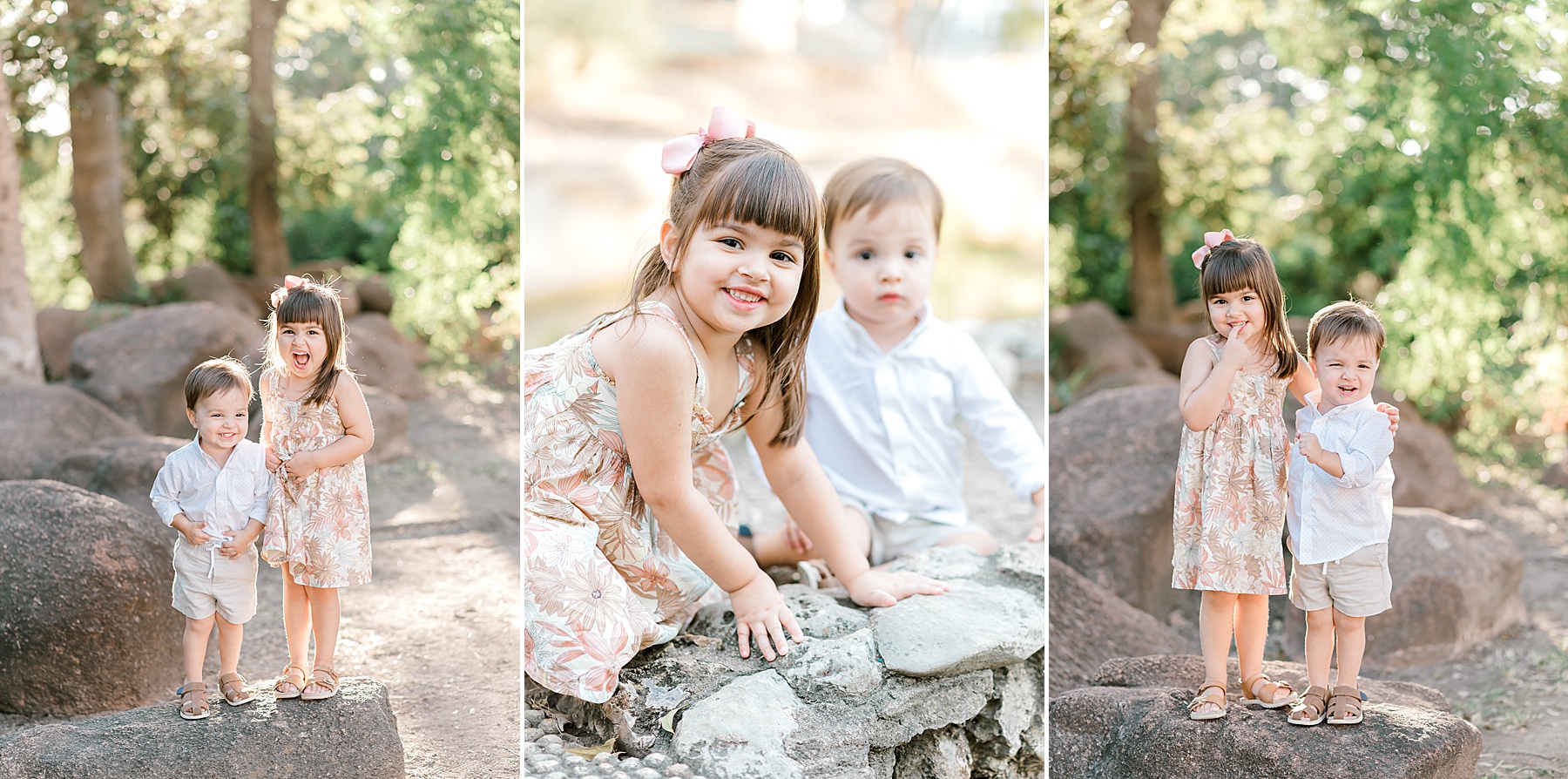 Siblings climb on rock for candid family photos at San Antonio Botanical Garden