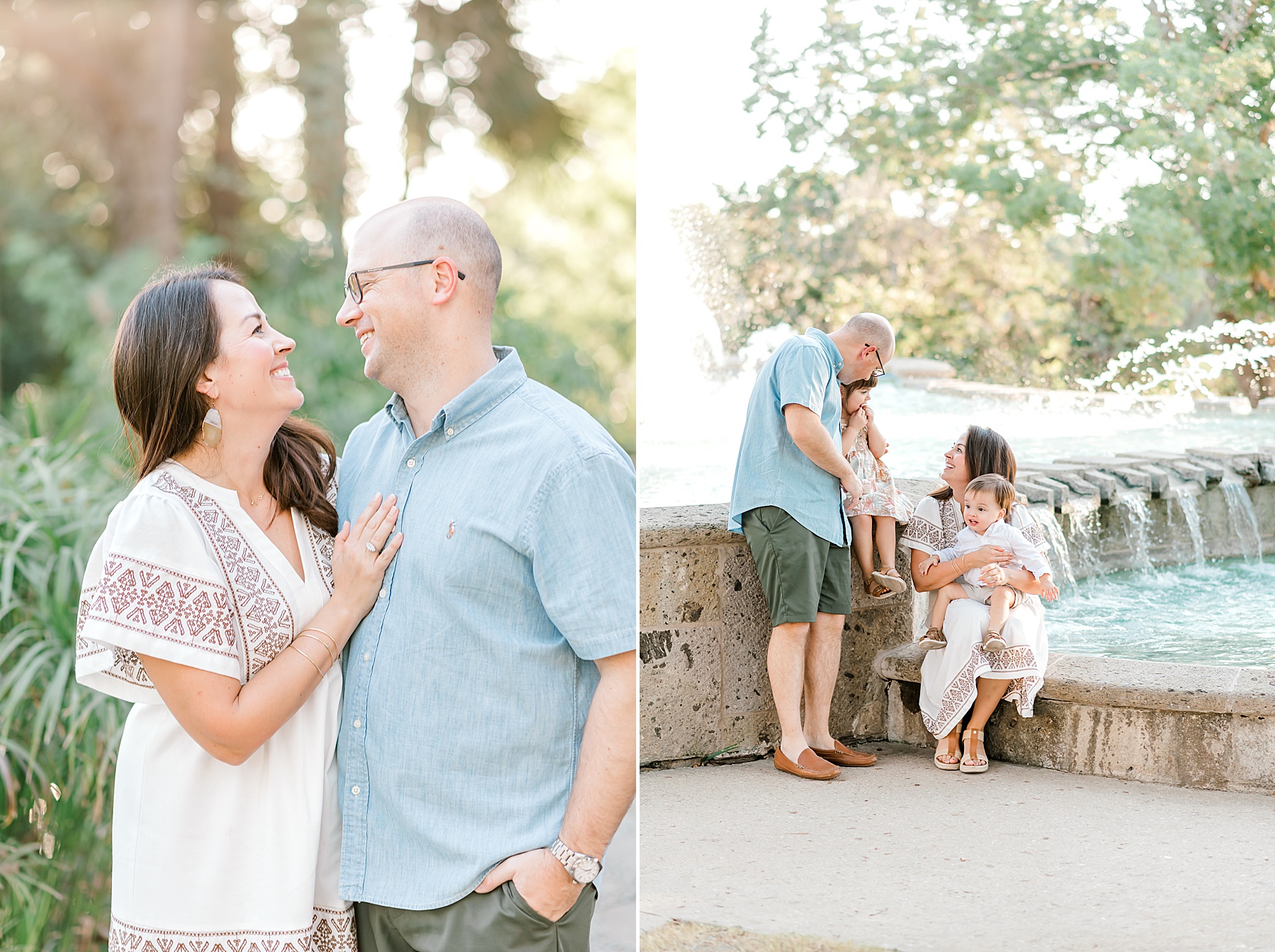 parents with their two little kids by fountain