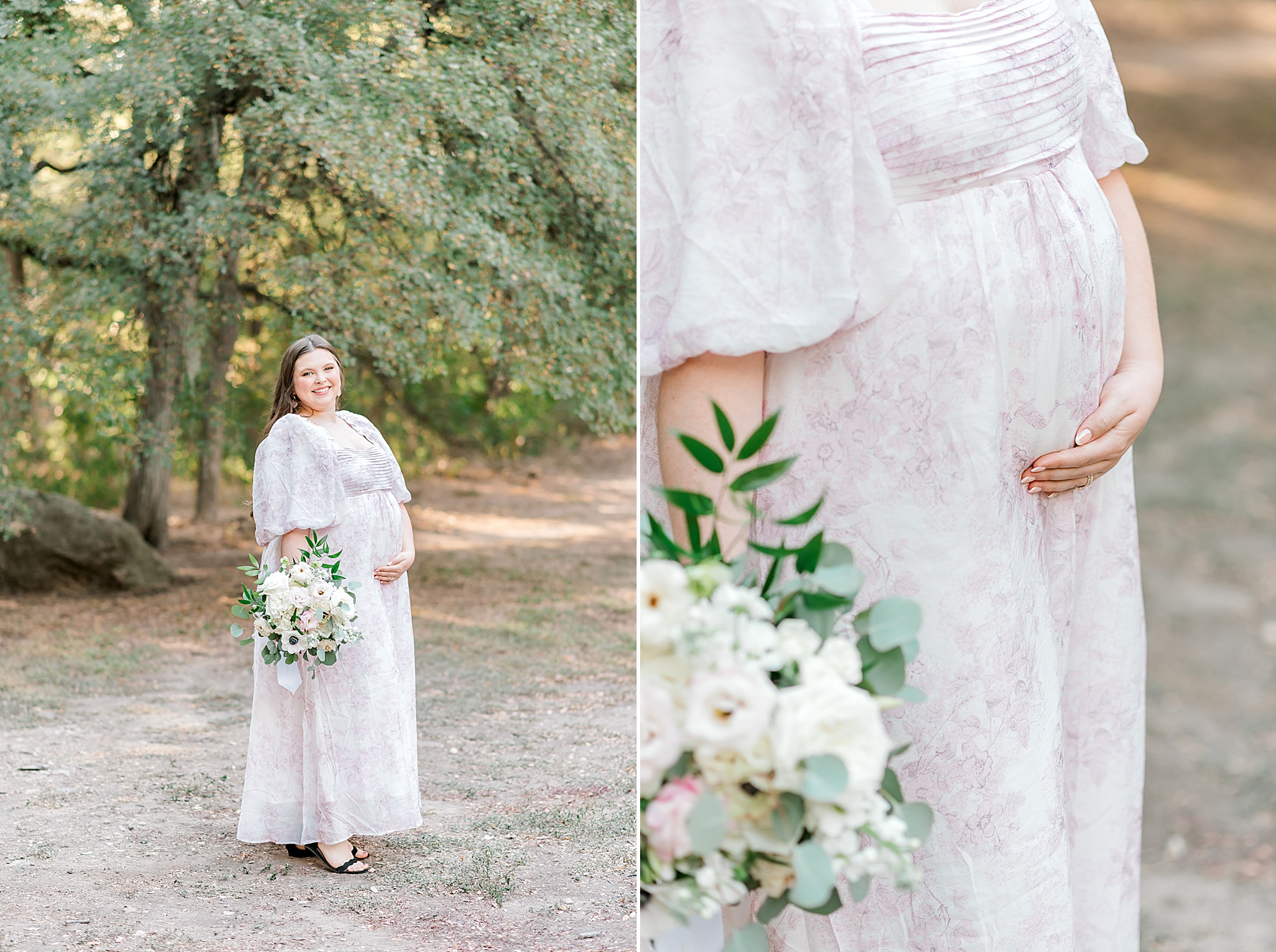 woman in flowy dress holds fresh bouquet of flowers during maternity session