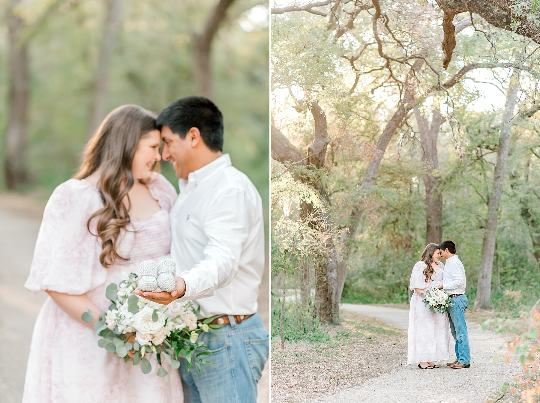 couple lean in close together holding baby booties during Brackenridge Park Maternity Session