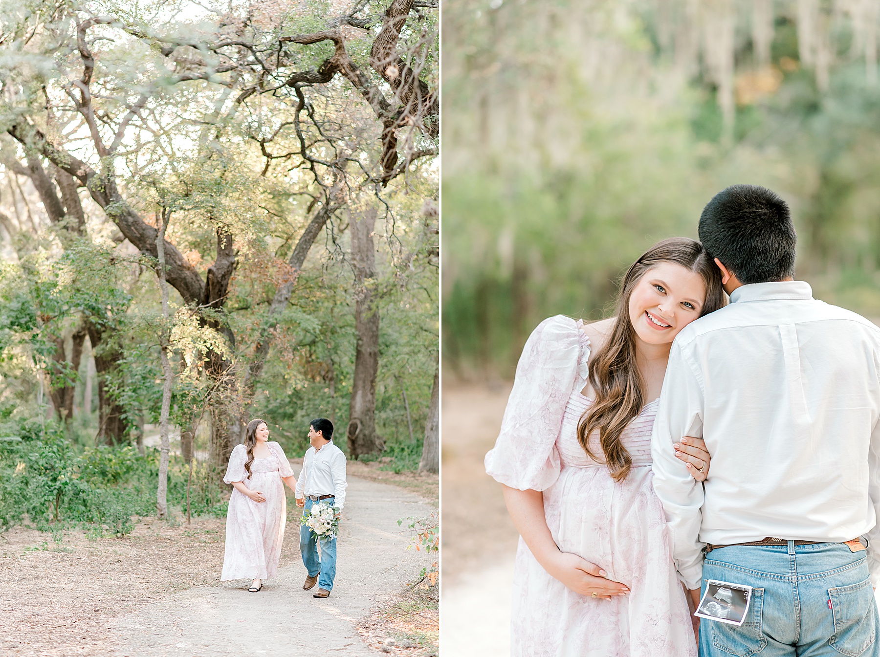 couple walk along path under SPanish Moss covered trees