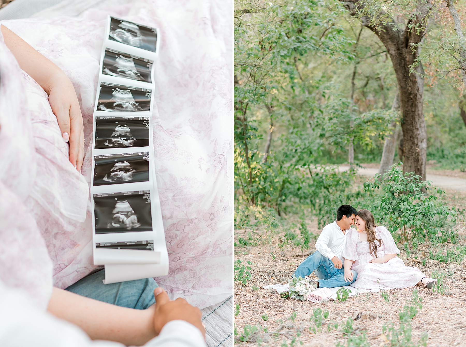 couple sits on blanket together during maternity session