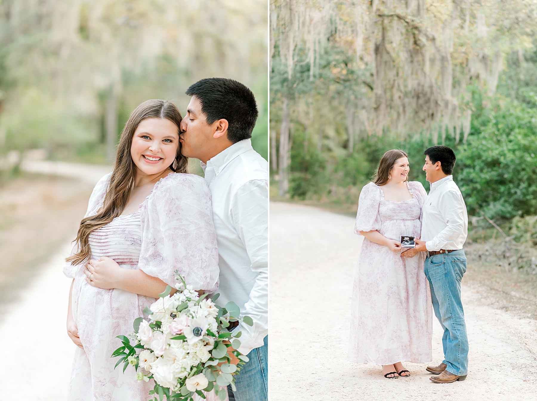 timeless maternity photos of man kissing woman's head 