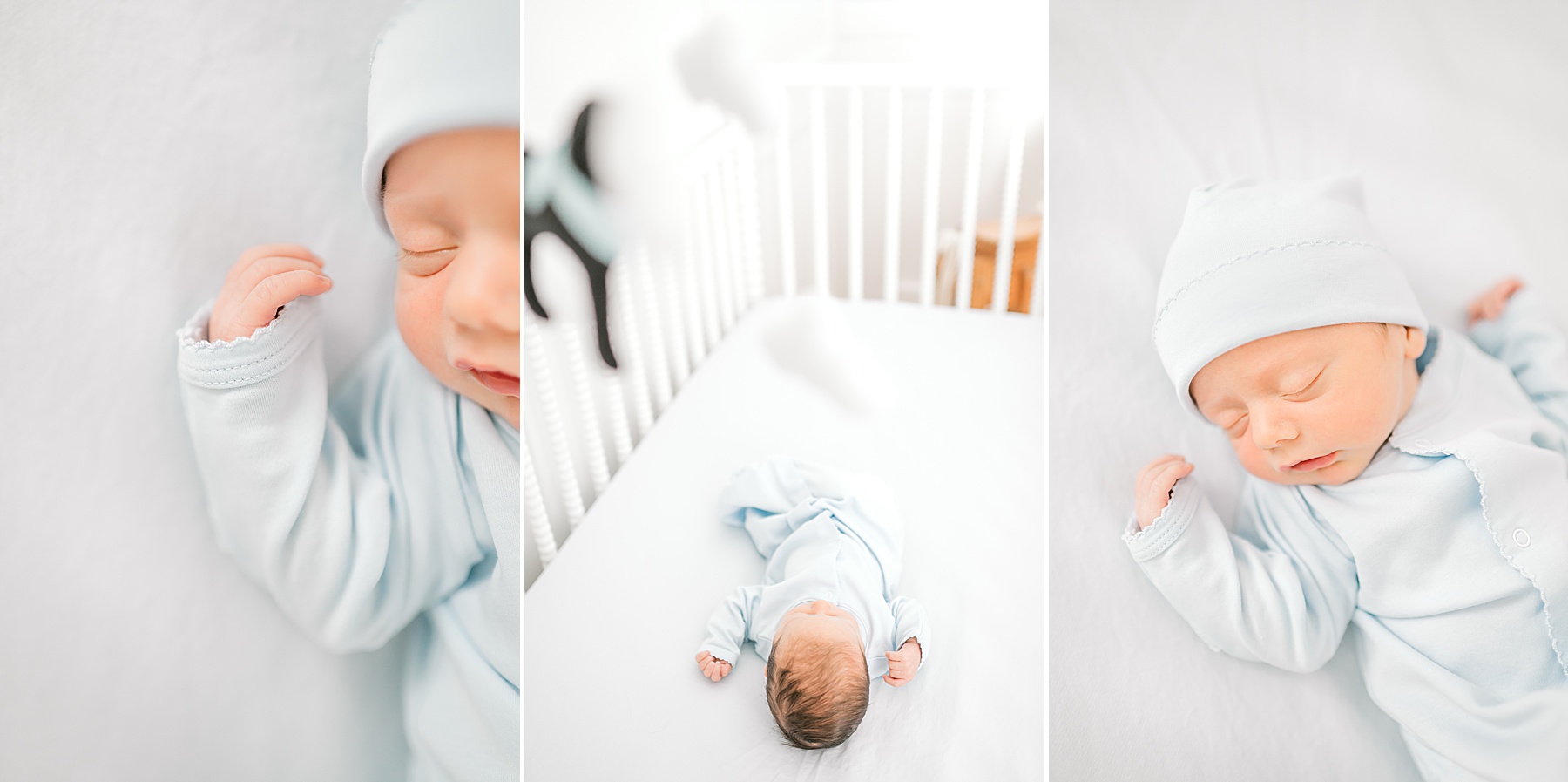 newborn boy sleeps in blue outfit with matching hat