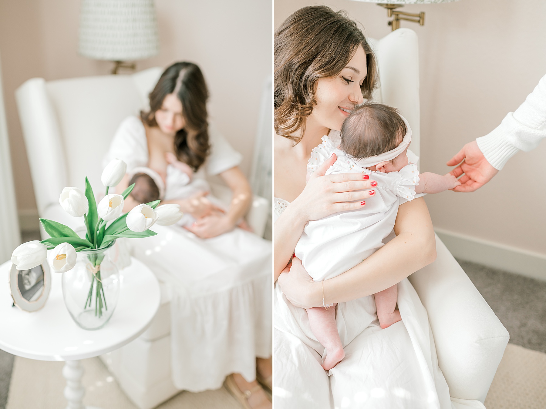 mom holds newborn in nursery chair