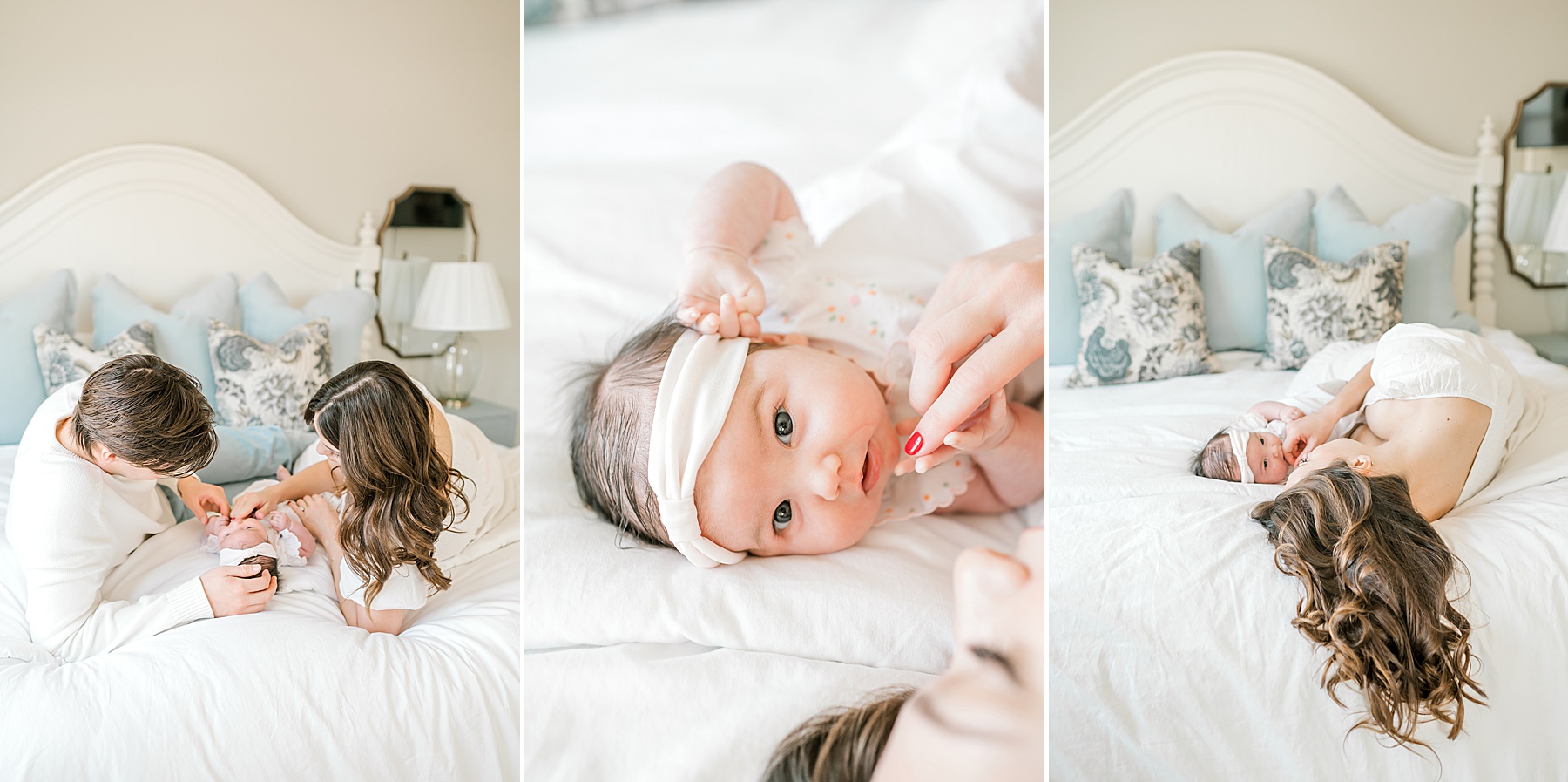 parents lay on bed cuddled with newborn