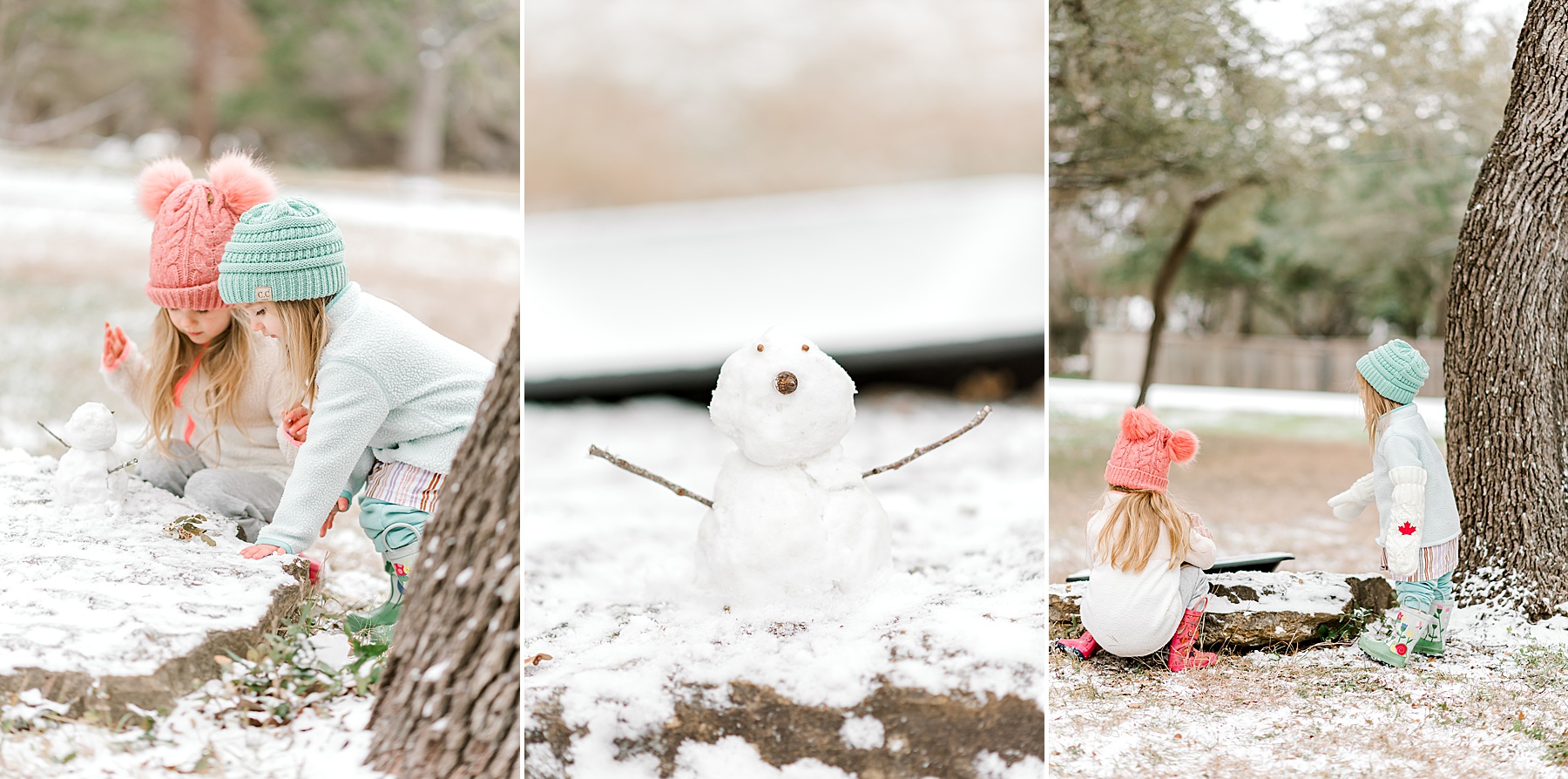 two sisters build their first snowman