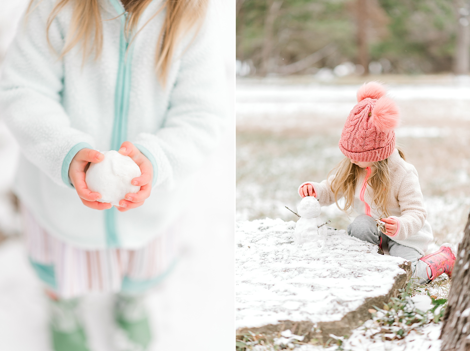 Little girl holds snowball and builds snowman during perfect snow day 