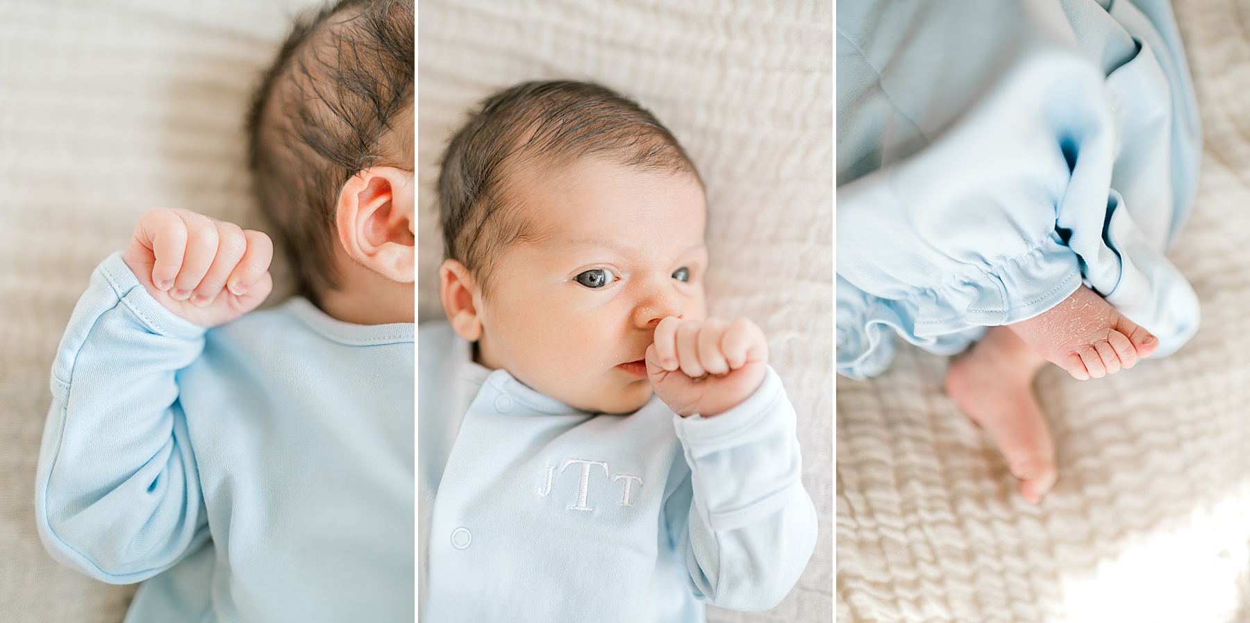 Newborn in blue outfit | In-Home or Studio Newborn Session: Which One is Right for You?