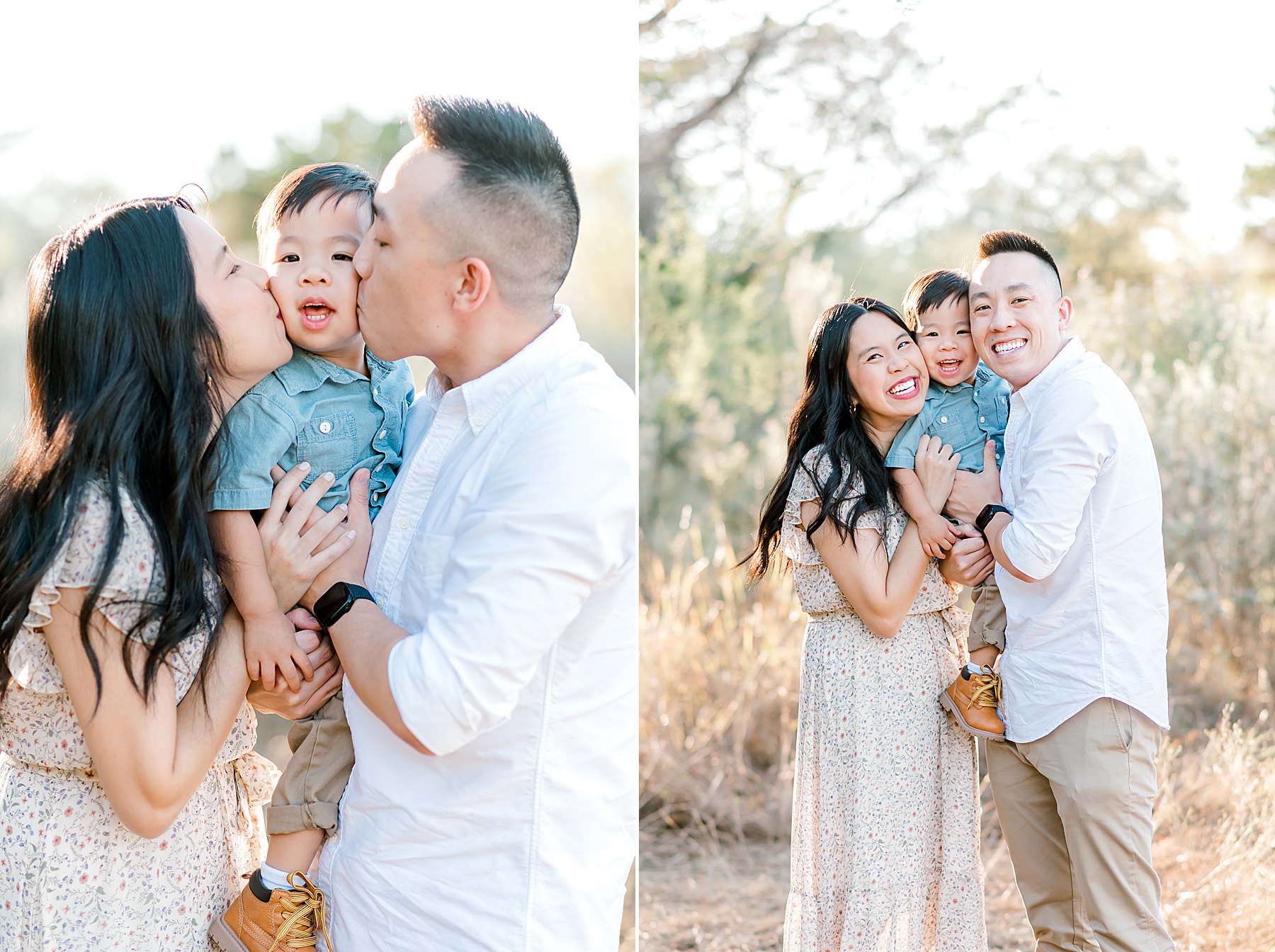 Parents kiss their little boy's cheeks