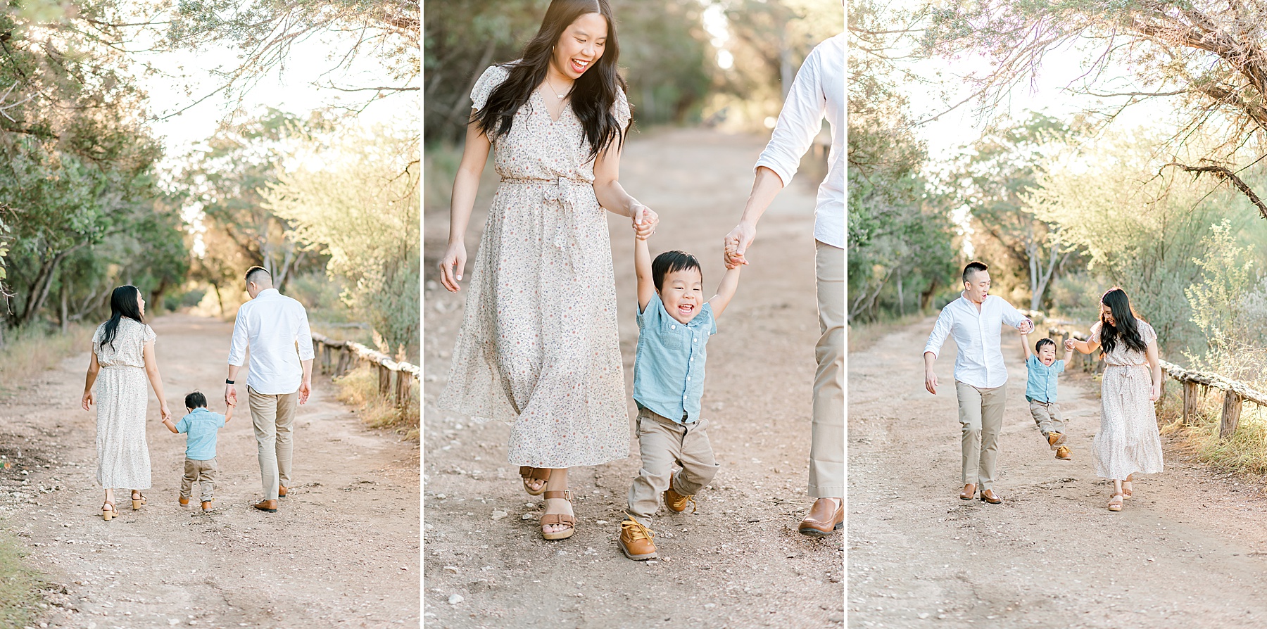 parents hold hands with their son and swing him in between their arms