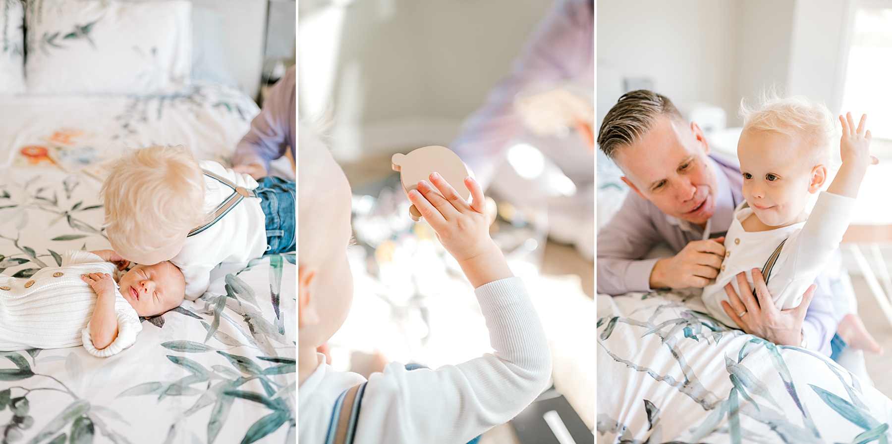 dad plays with older son during in-home newborn session