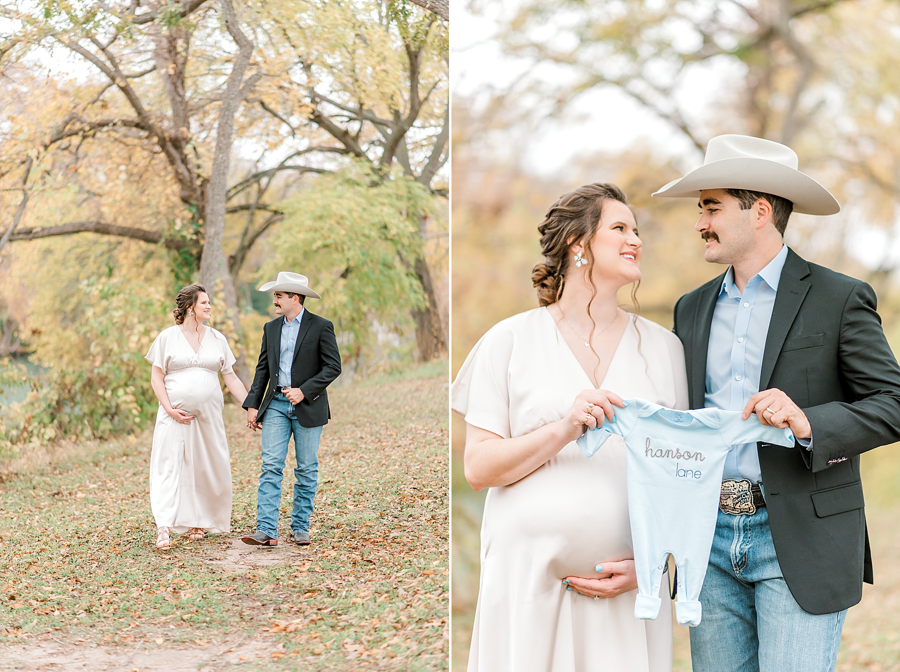 expecting couple walk together holding hands and show off a personalized onesie  