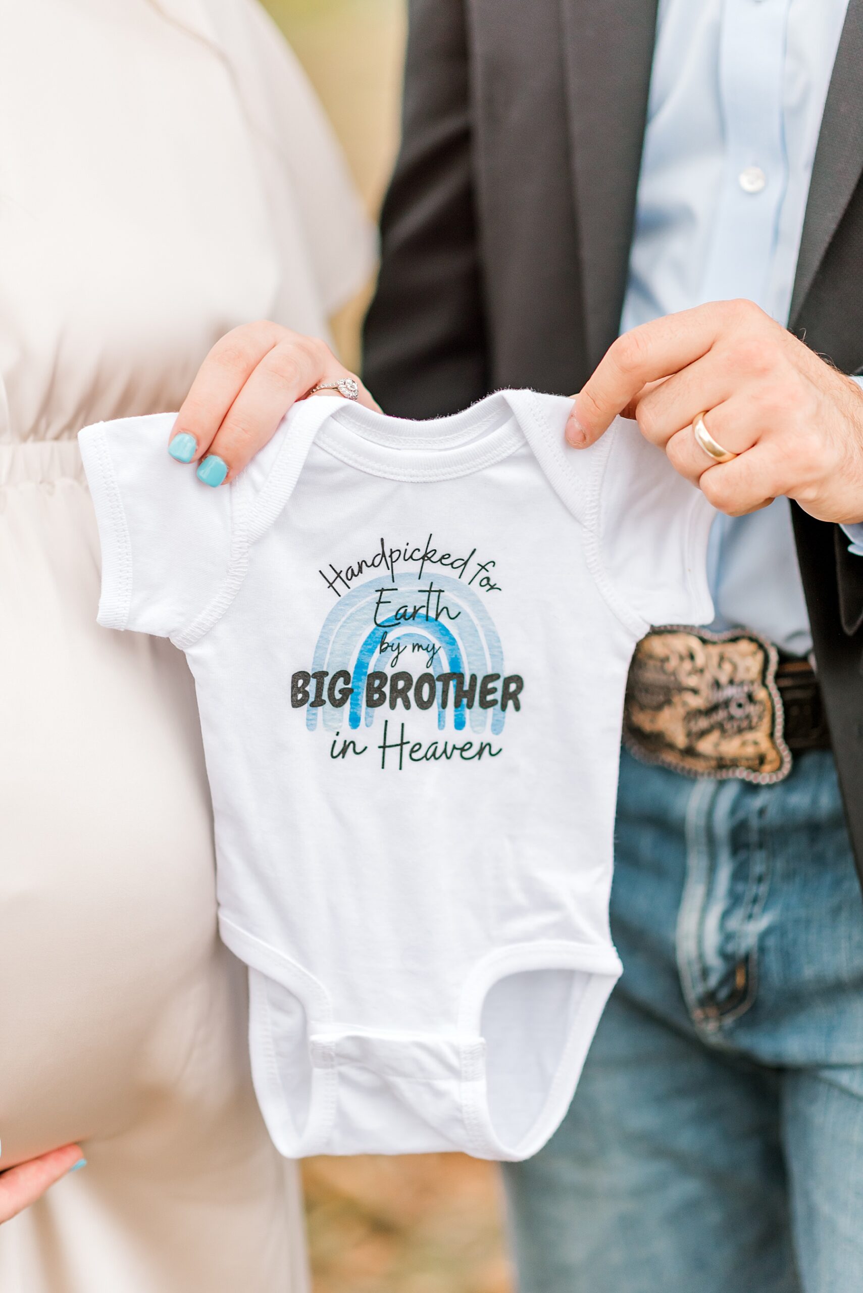 "Handpicked for Earth by my big brother in heaven" onesie from Heartfelt Maternity Session in Seguin, TX