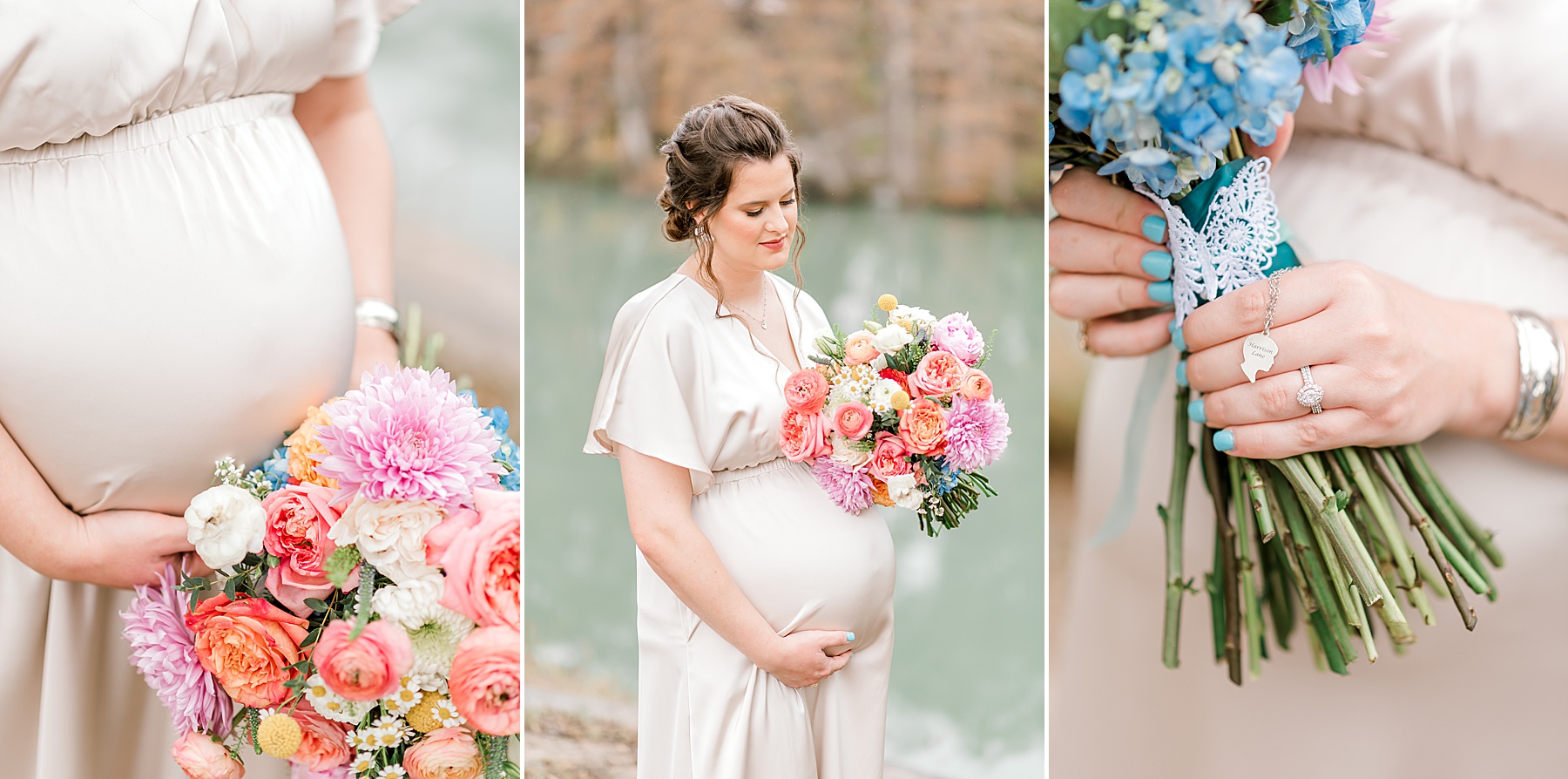 woman holds colorful bouquet of flowers during maternity session 