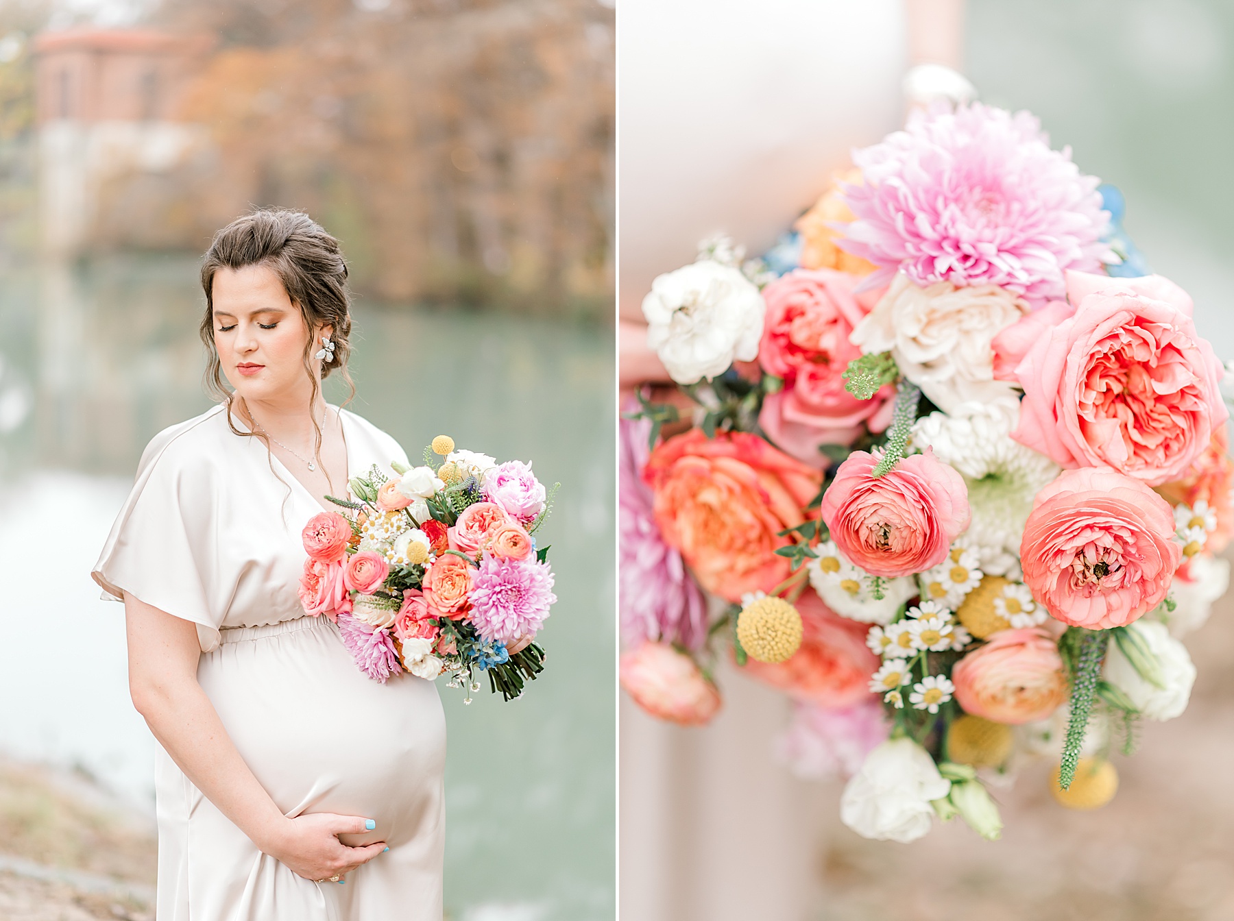 Timeless maternity photos with colorful floral bouquet