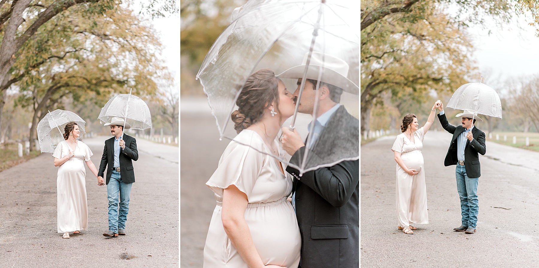 couple walk together in the rain with a clear umbrella during maternity session