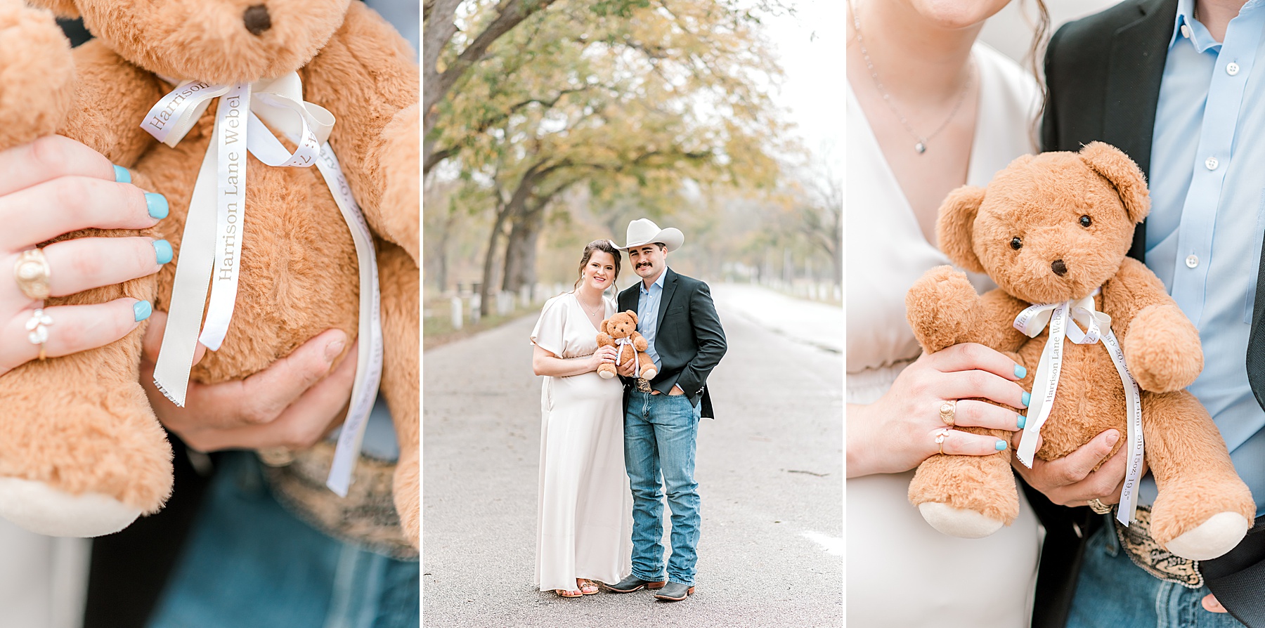 couple hold weighted teddy bear during sentimental maternity session