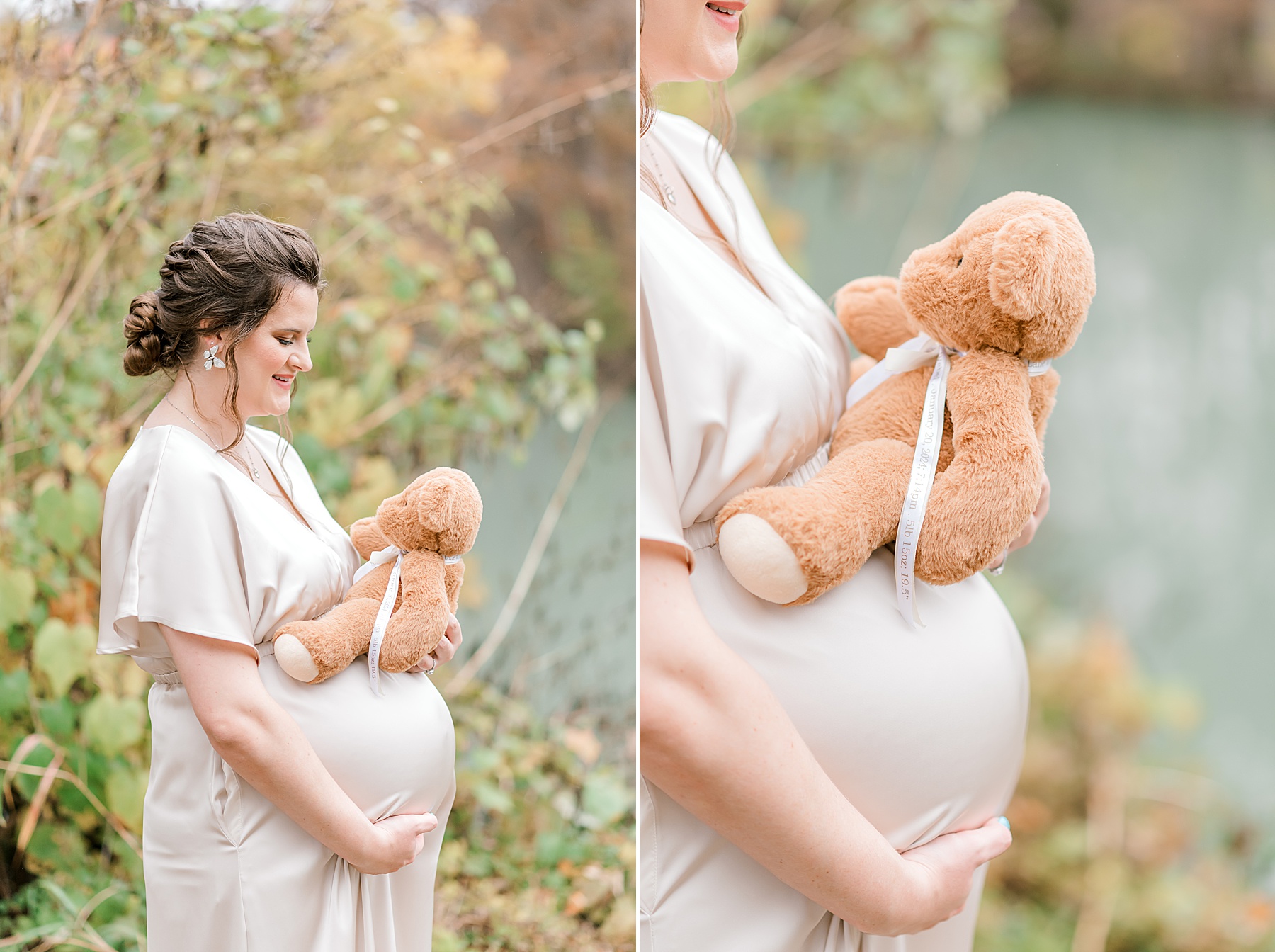 woman props teddy bear on belly during maternity photos 