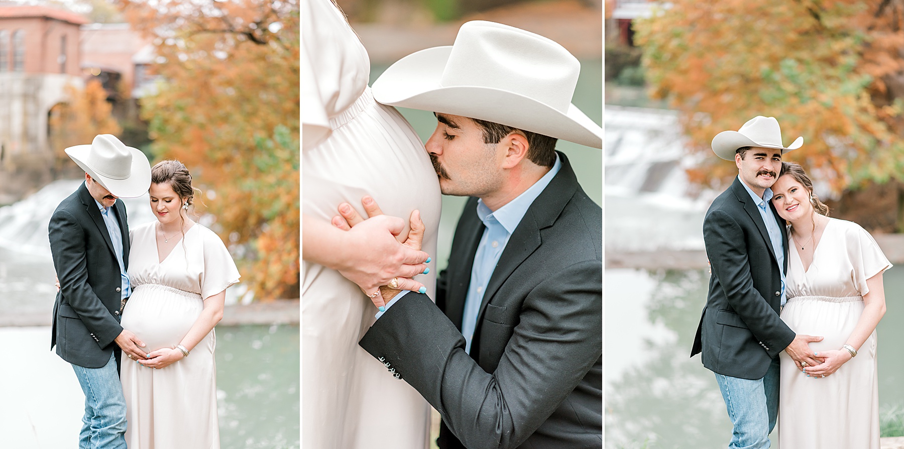 man holds wife's pregnant belly during maternity session 