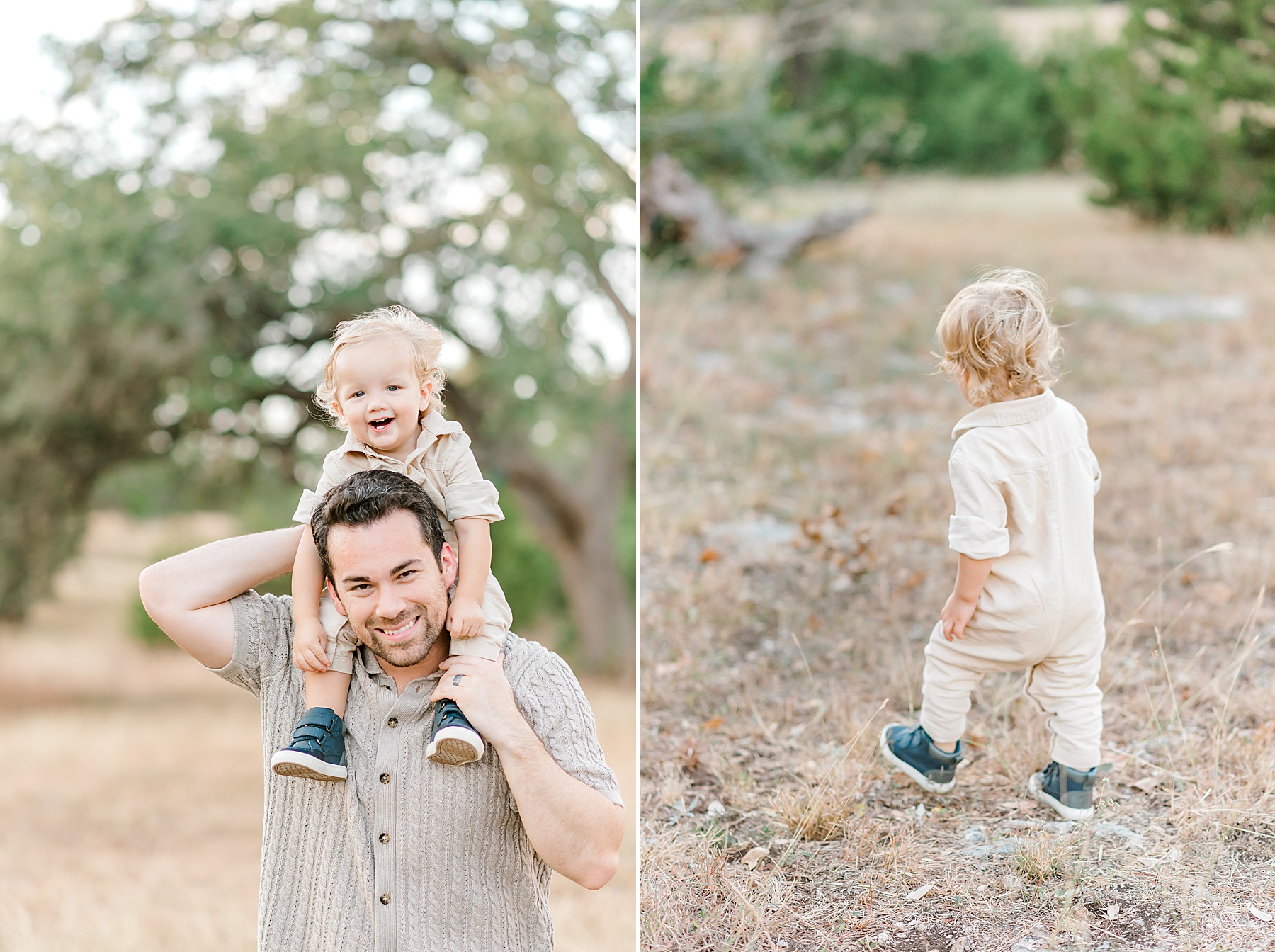 dad carries son on shoulders