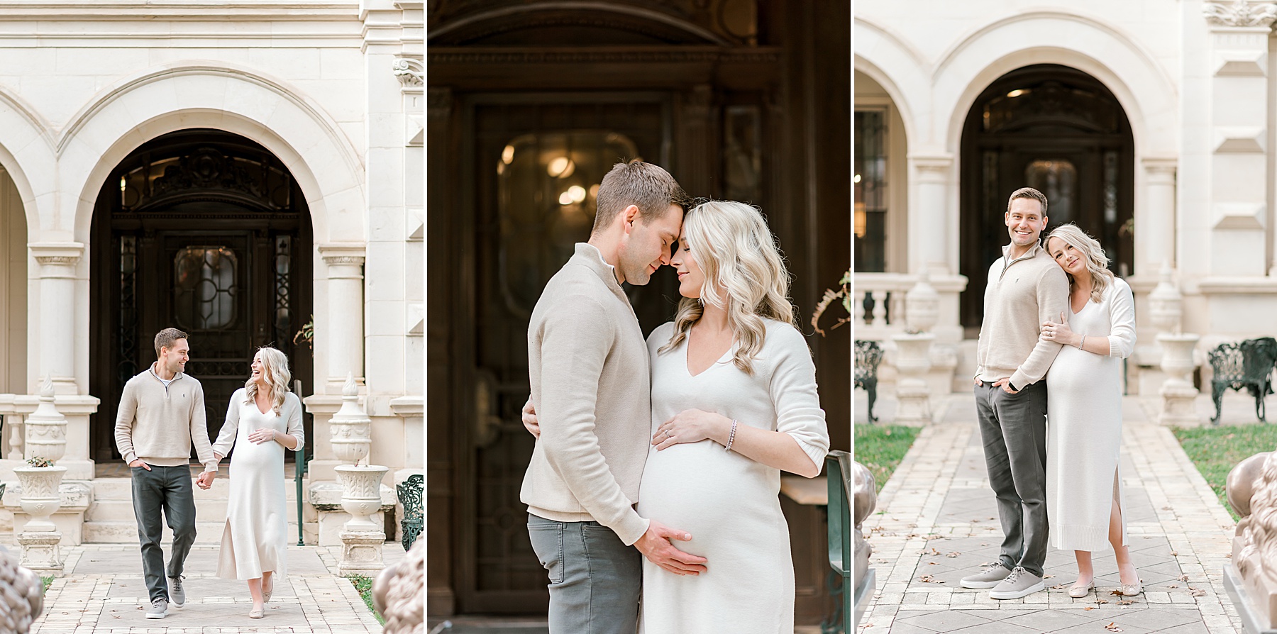 couple walk through romantic archway of building 